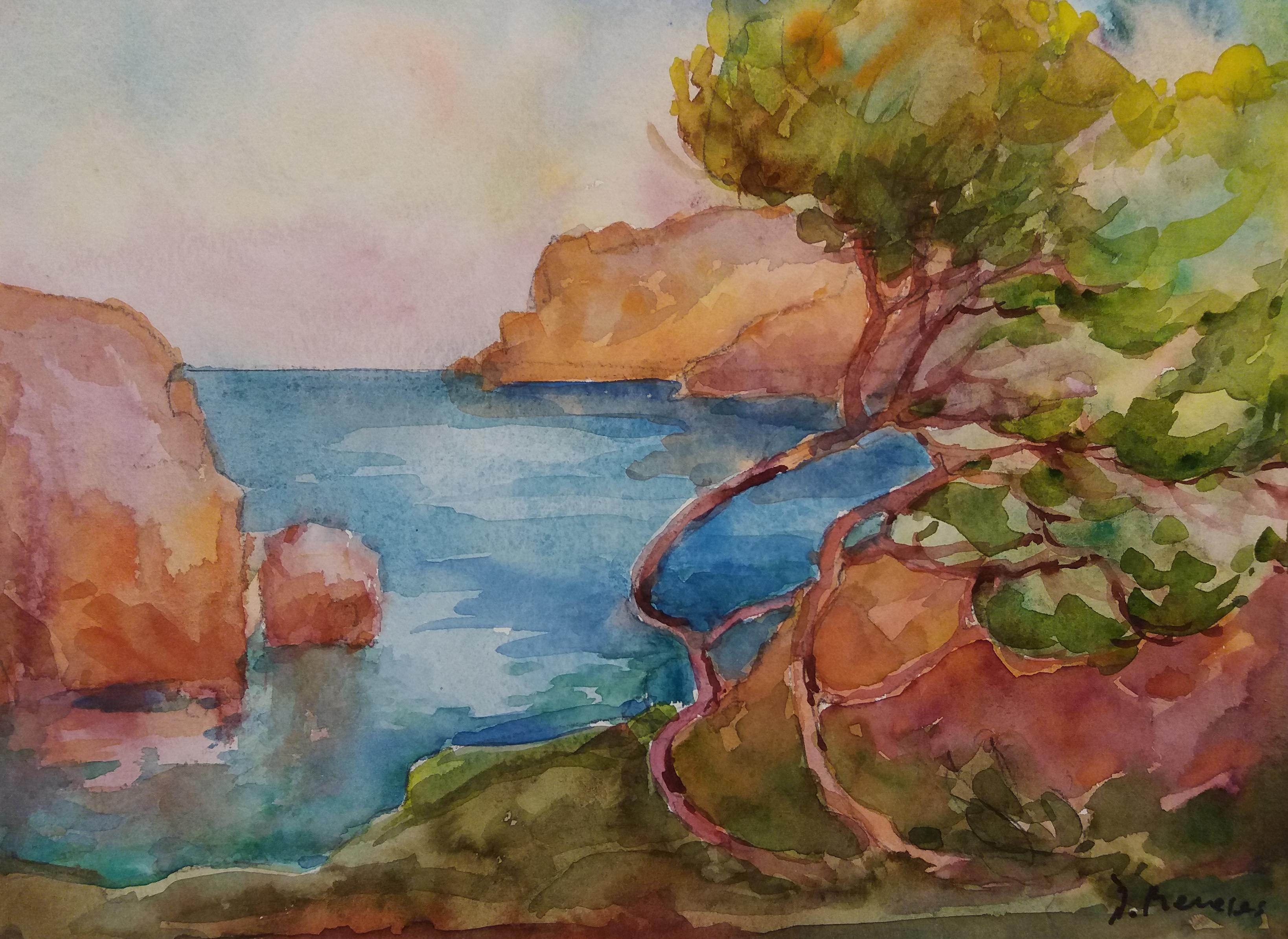 Meneses   coast original watercolor paper expressionist painting - Painting by Josep Meneses