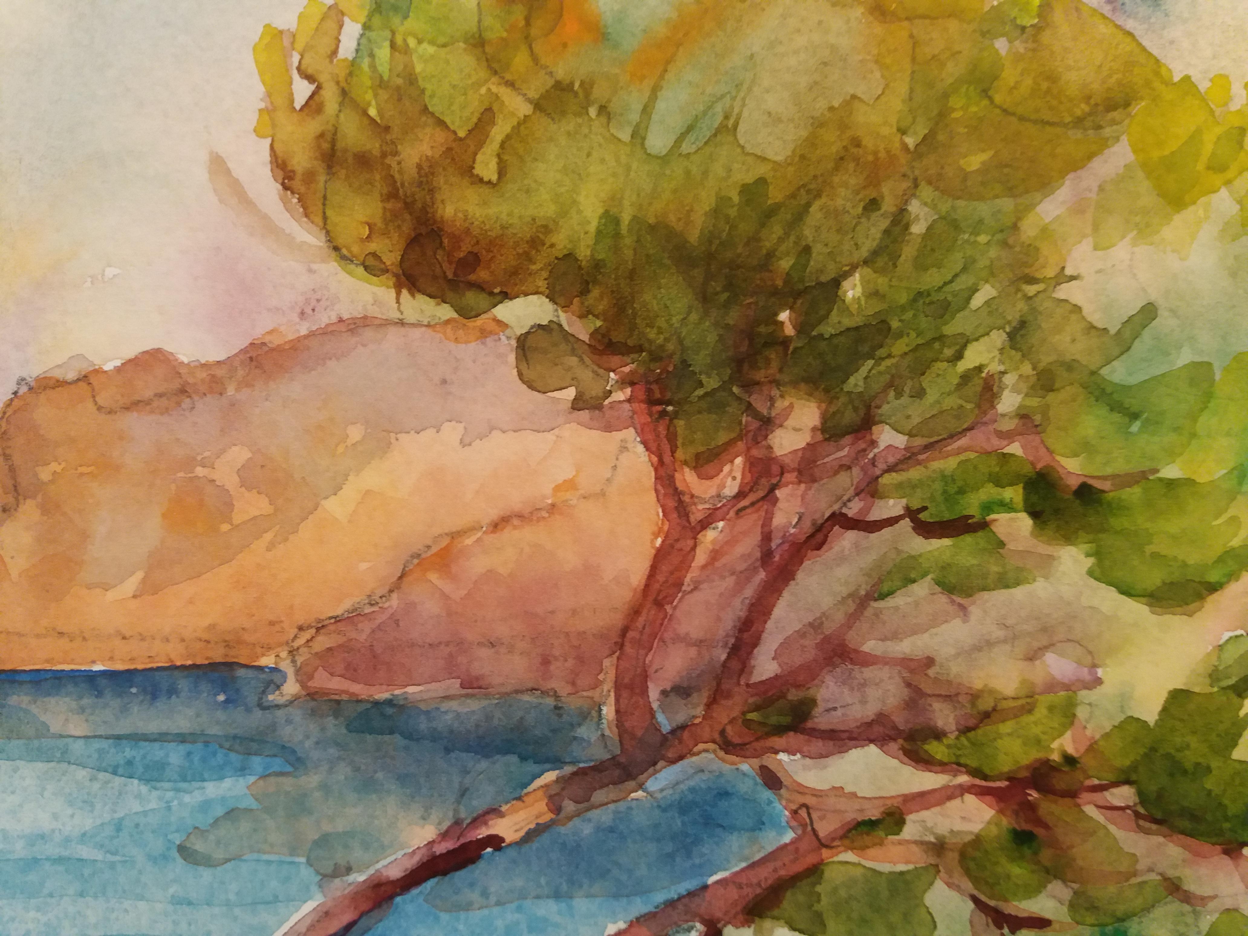 Meneses   coast original watercolor paper expressionist painting - Expressionist Painting by Josep Meneses