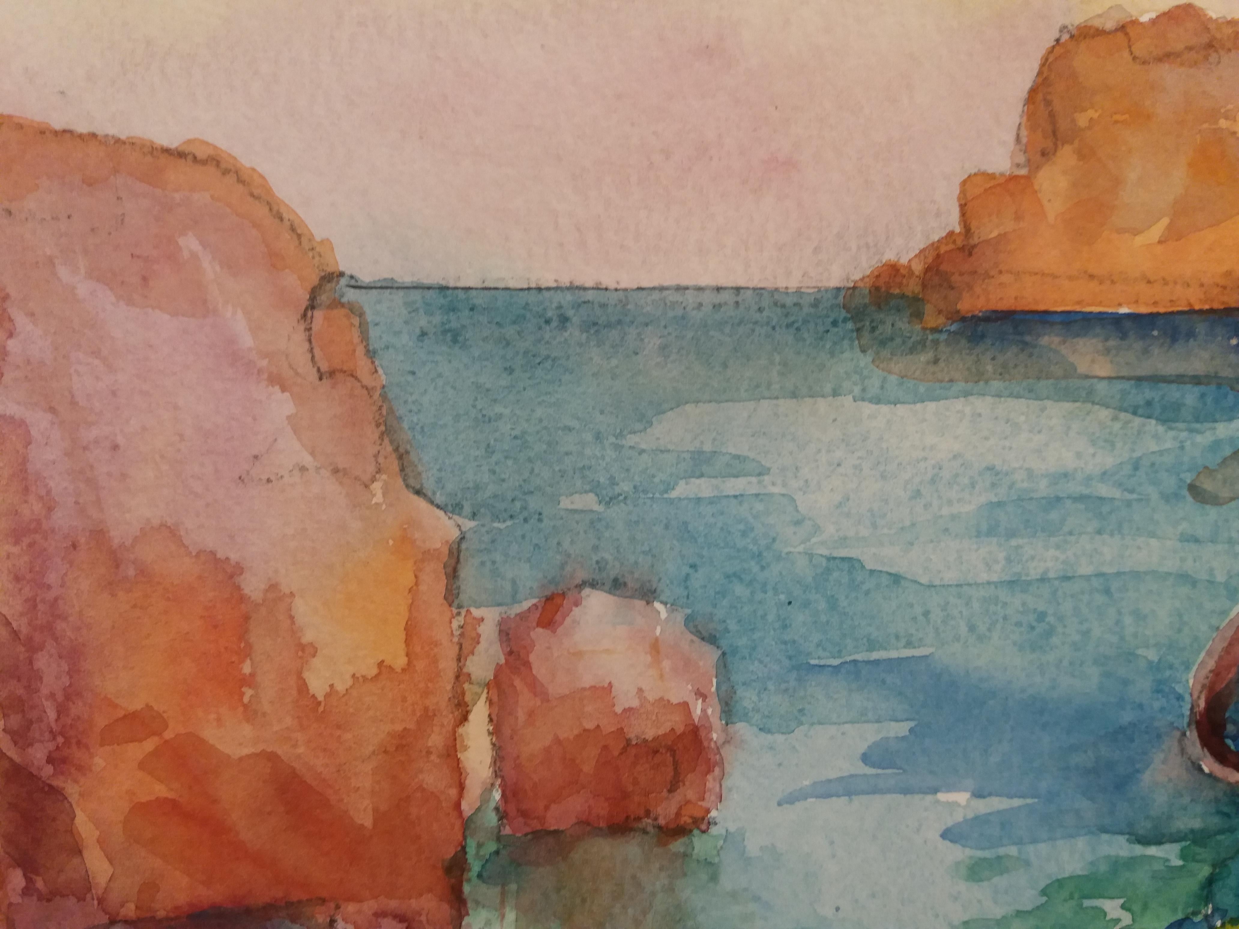 coast original watercolor paper expressionist painting. 
This Catalan painter, settled for years in Mallorca, offers a series of landscapes in which the natural is treated in the impressionist way, with a great force colorist and energetic