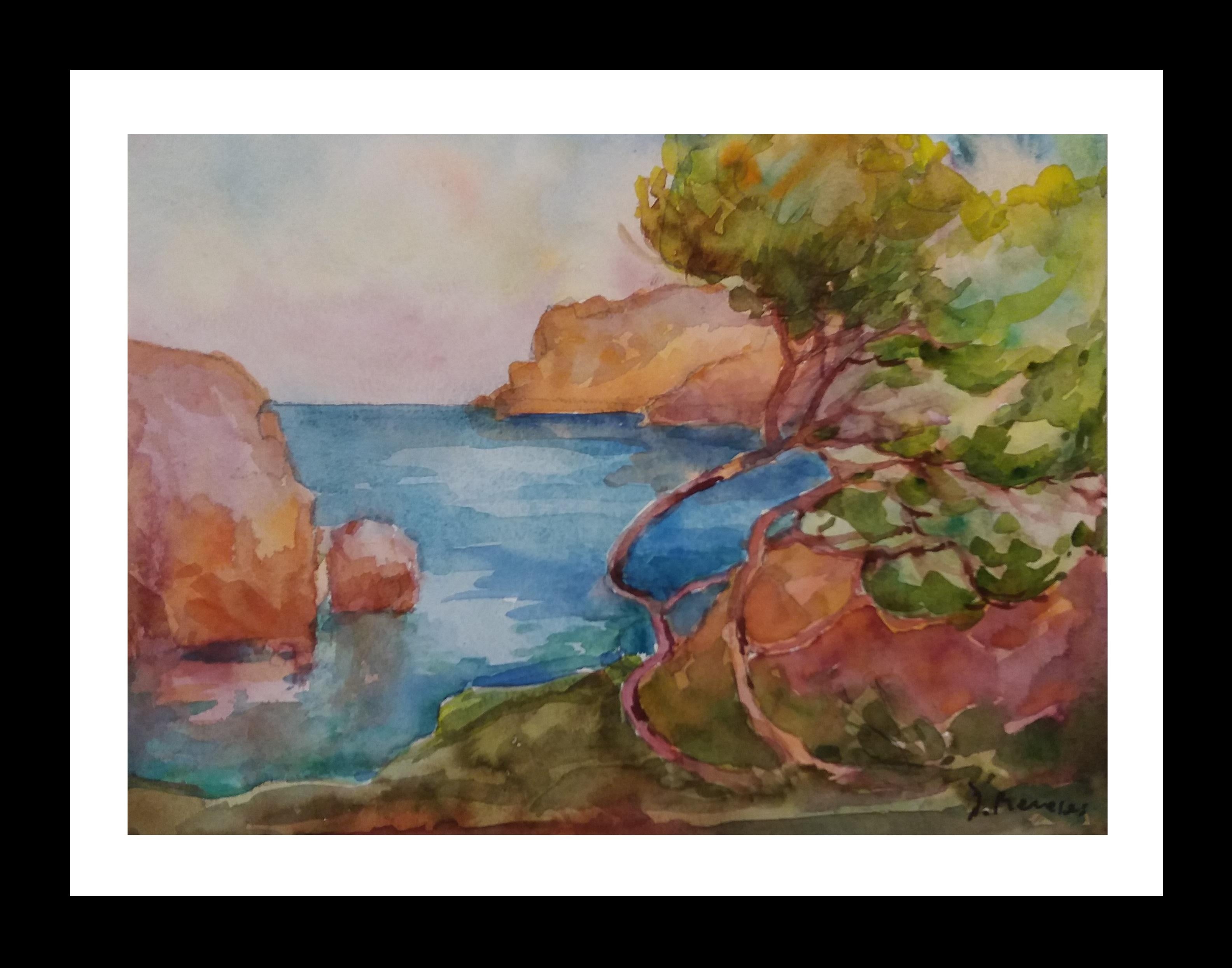 Josep Meneses Landscape Painting - Meneses   coast original watercolor paper expressionist painting