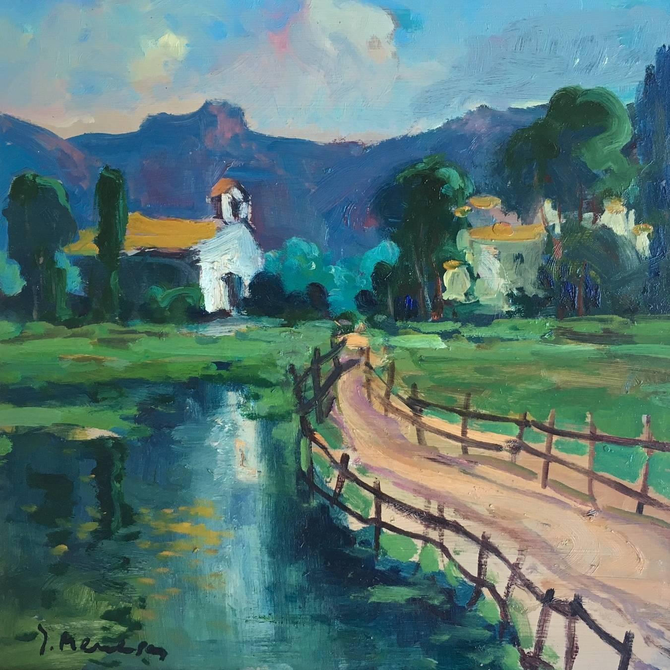 Meneses. 7 MALLORCA. square.  LANDSCAPE- original acrylic wodd painting - Painting by Josep Meneses