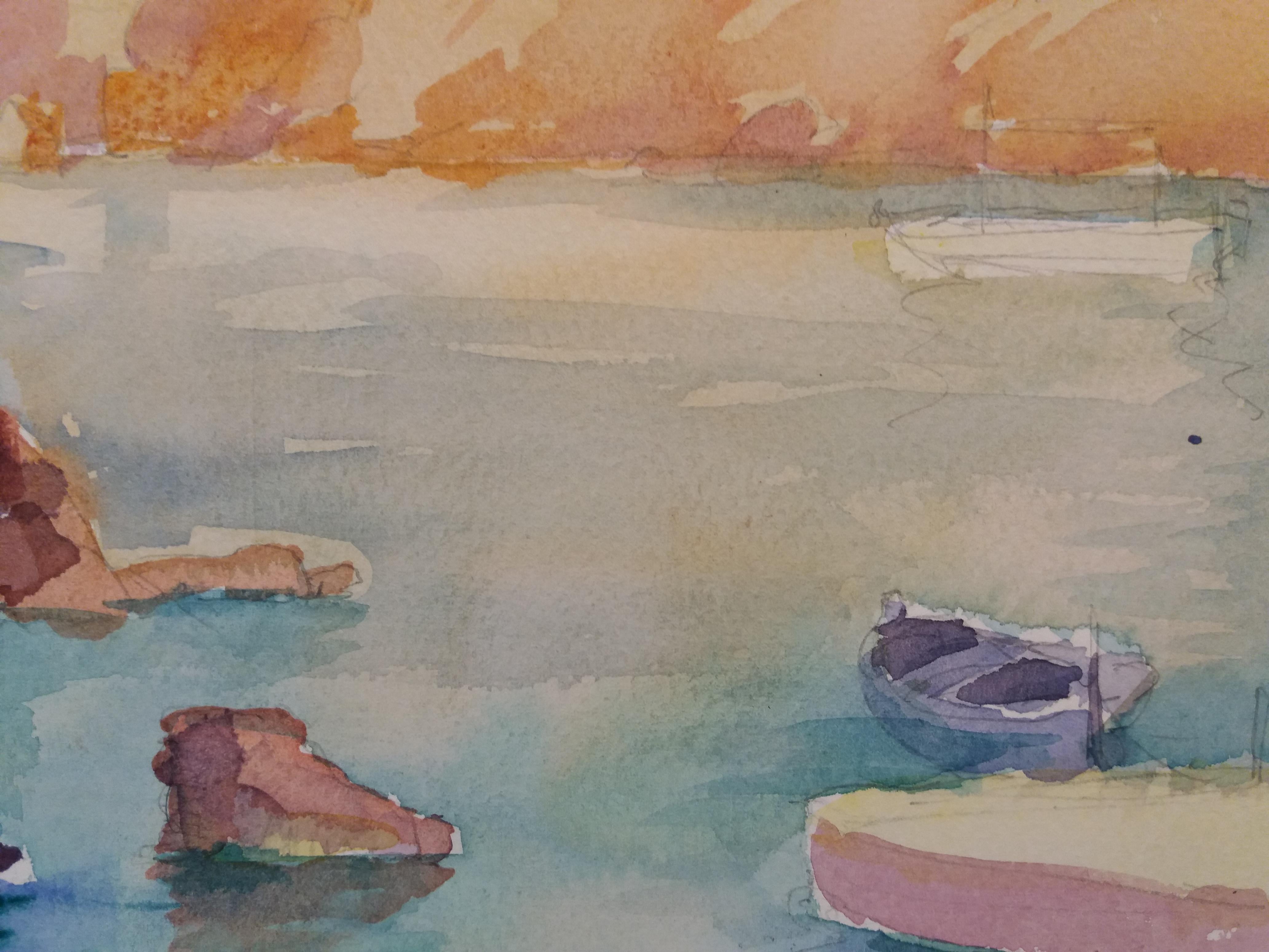 Küste original Aquarell Papier expressionistische Malerei. 
Dieser katalanische Maler, der sich seit Jahren auf Mallorca niedergelassen hat, bietet eine Reihe von Landschaften an, in denen die Natur auf impressionistische Art und Weise behandelt