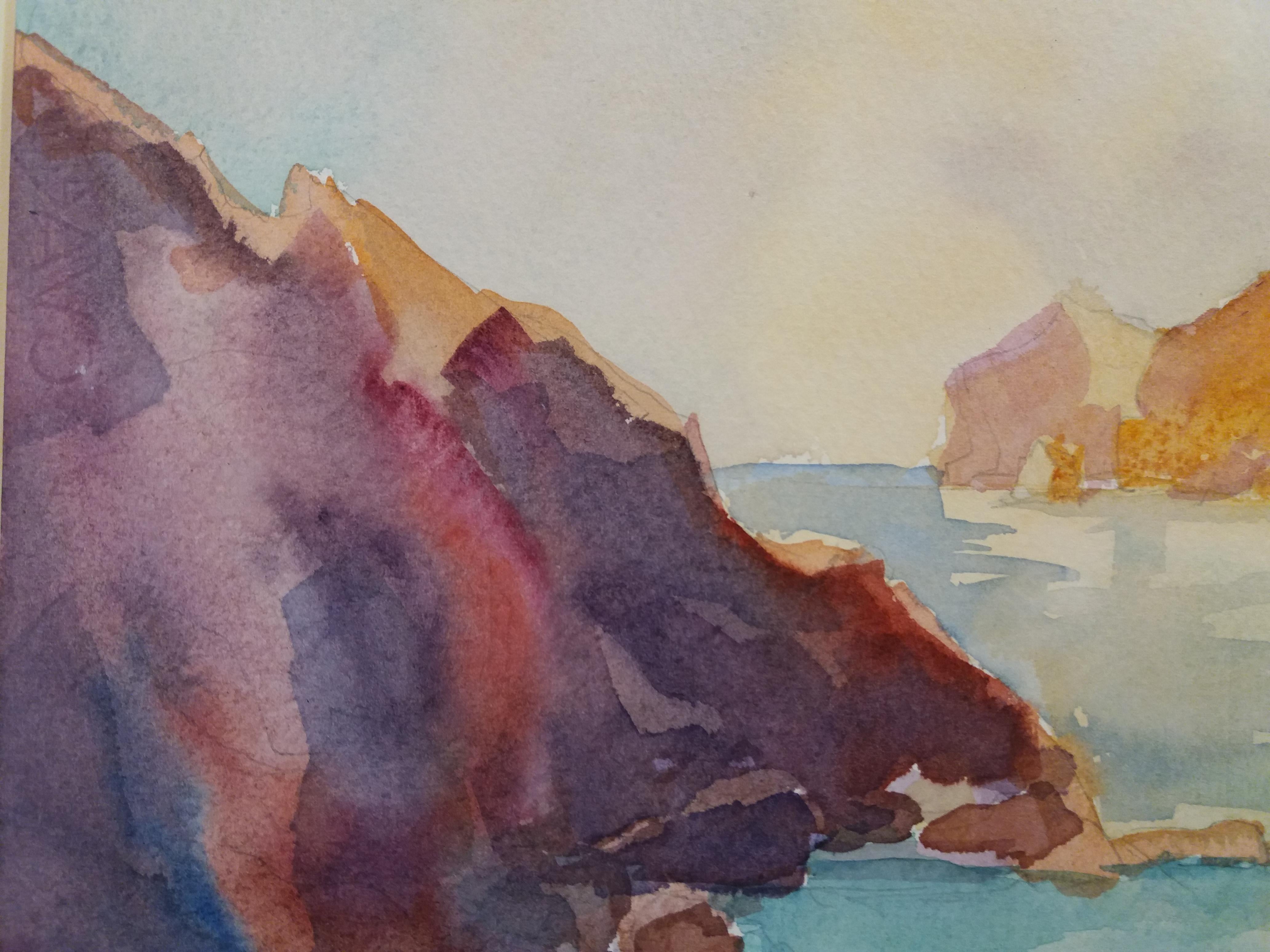 Meneses  Mallorca  Original expressionistisches Aquarell-Papier-Gemälde der Küste im Angebot 1