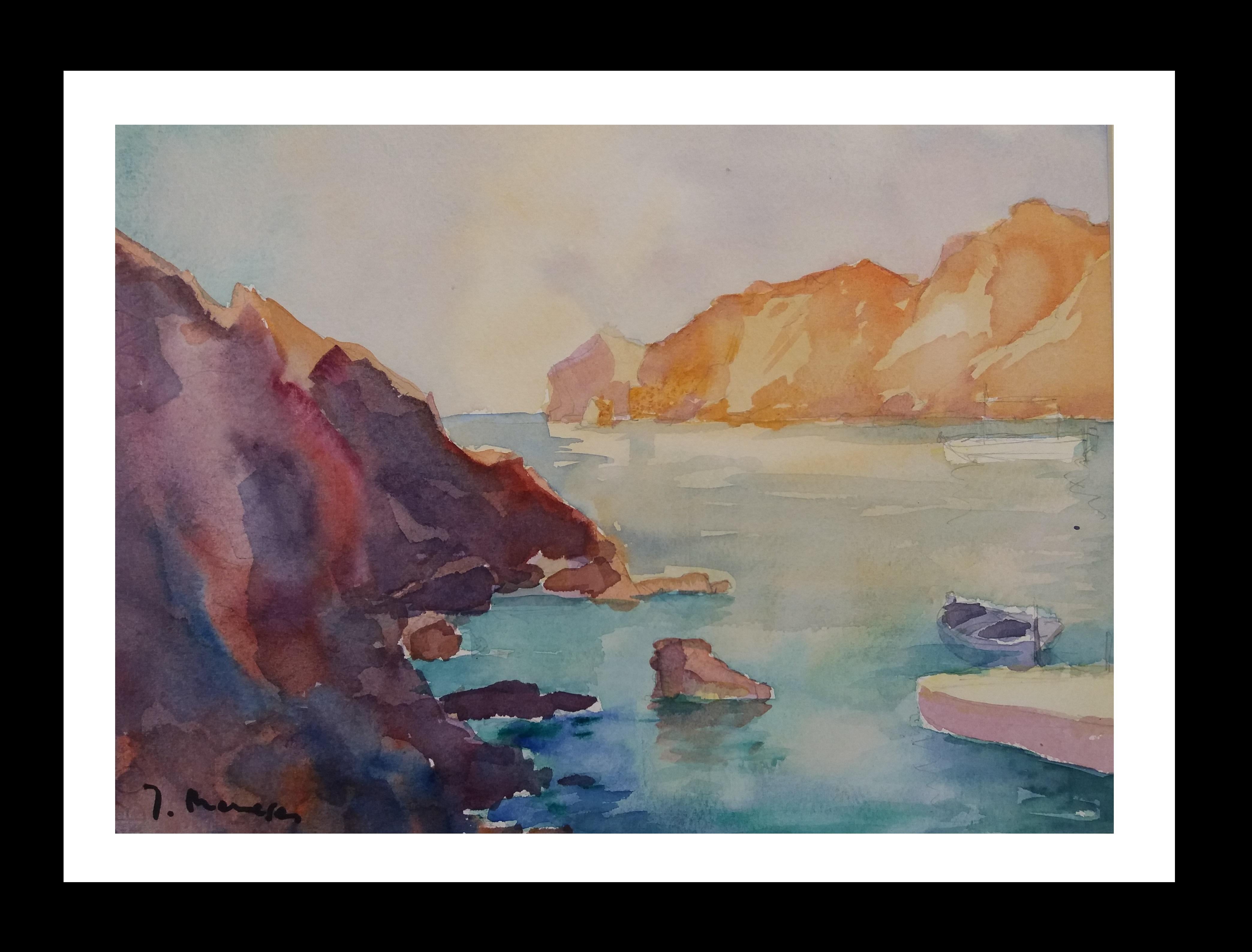 Josep Meneses Landscape Painting – Meneses  Mallorca  Original expressionistisches Aquarell-Papier-Gemälde der Küste