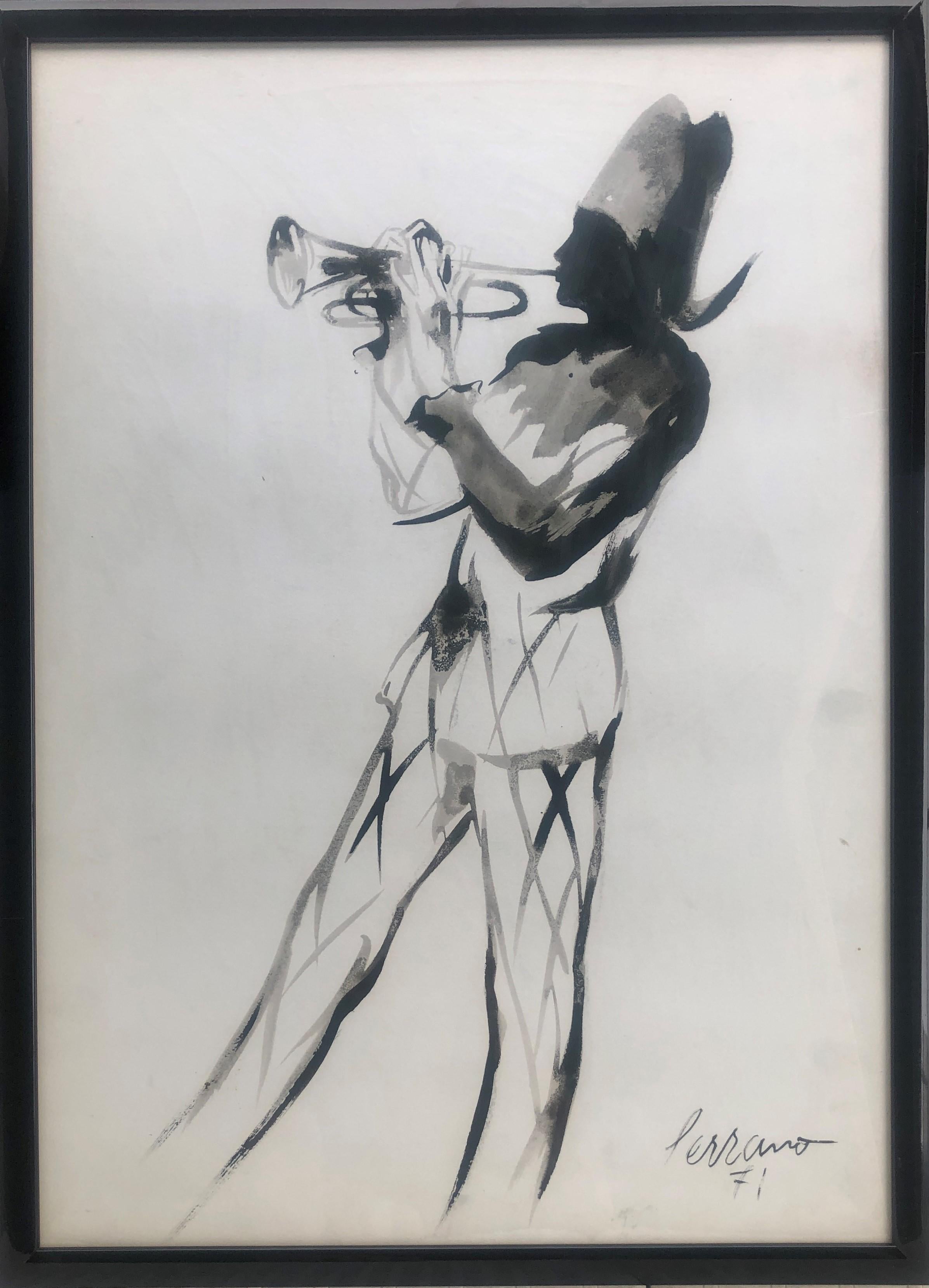 harlequin trumpeter ink drawing - Painting by Josep Miquel Serrano