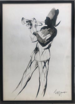 harlequin trumpeter ink drawing
