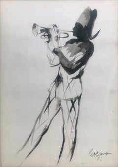 harlequin trumpeter ink drawing
