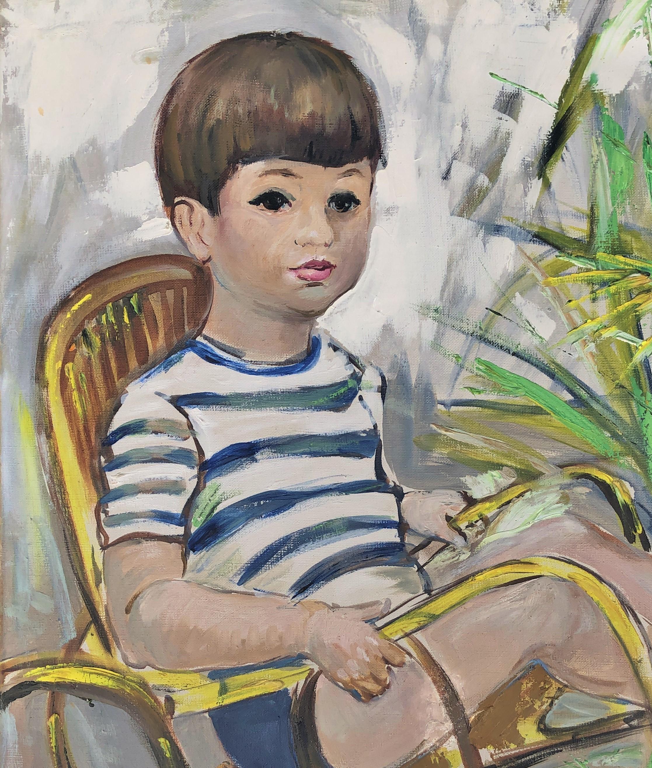 The boy in the rocking chair oil on canvas painting - Painting by Josep Miquel Serrano