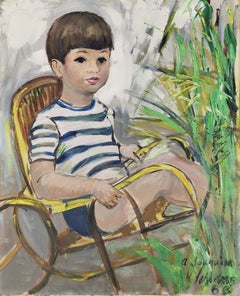 Vintage The boy in the rocking chair oil on canvas painting