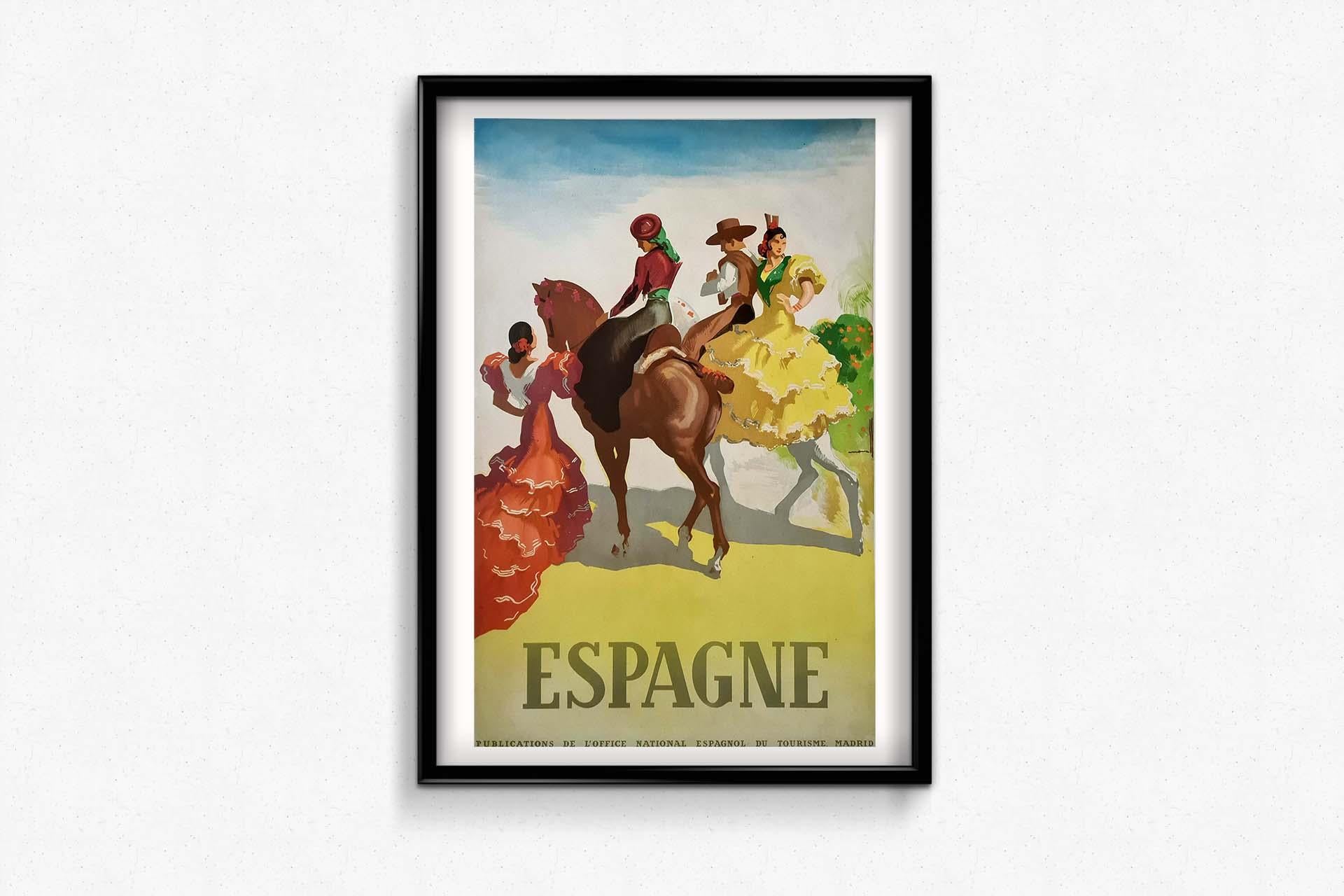 The circa 1950 original travel poster by Morell showcasing Spain, with its depiction of cavaliers, captures the essence of adventure and romance synonymous with travel to this vibrant destination. This poster, created during the mid-20th century,