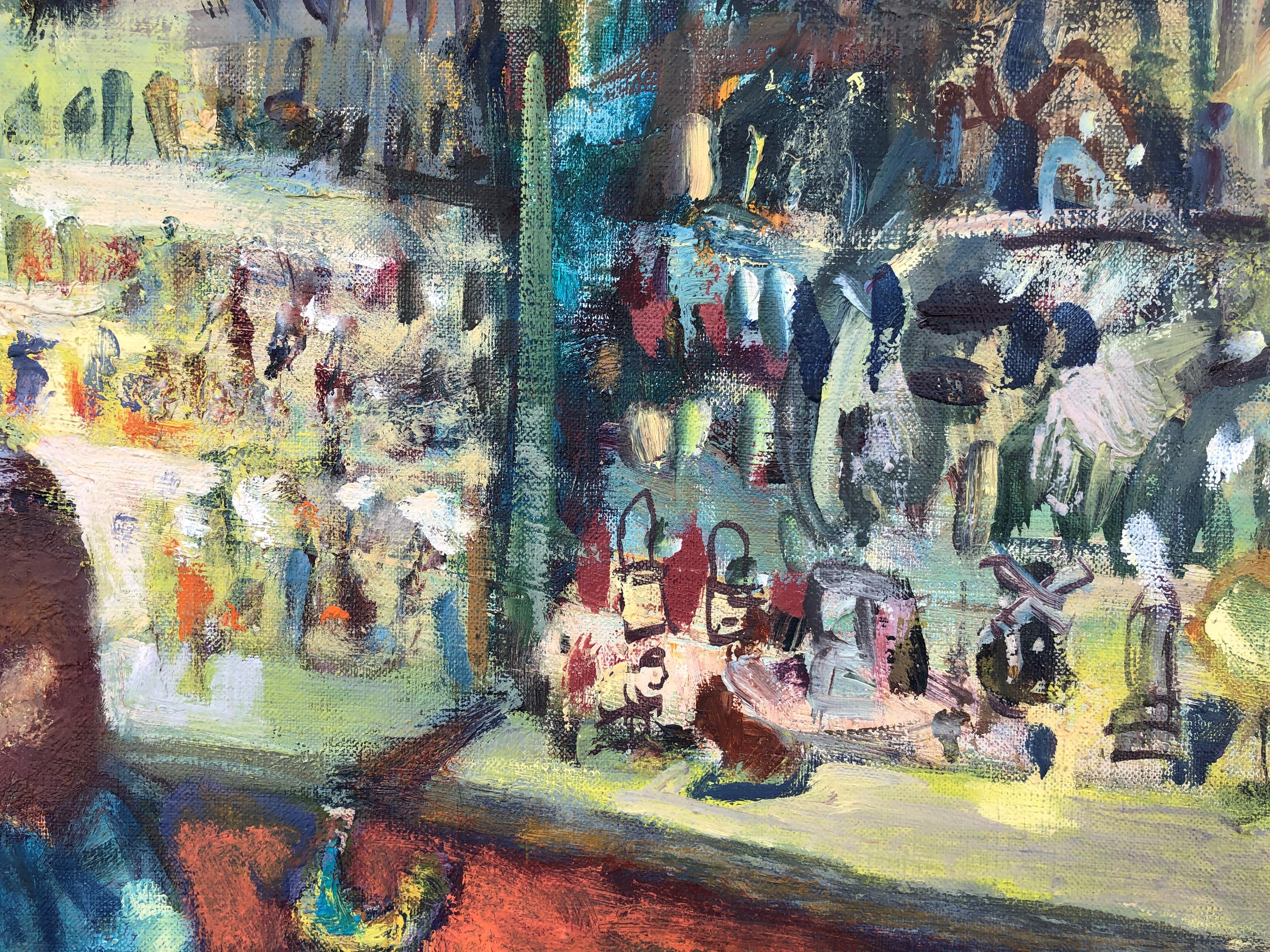 Fiera di Natale Barcellona Spagna olio su tela paesaggio urbano - Still-Life Painting Grigio di Josep Moscardo