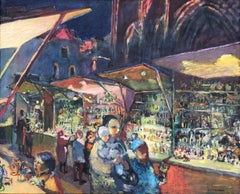 Vintage Christmas Fair Barcelona Spain oil on canvas urbanscape