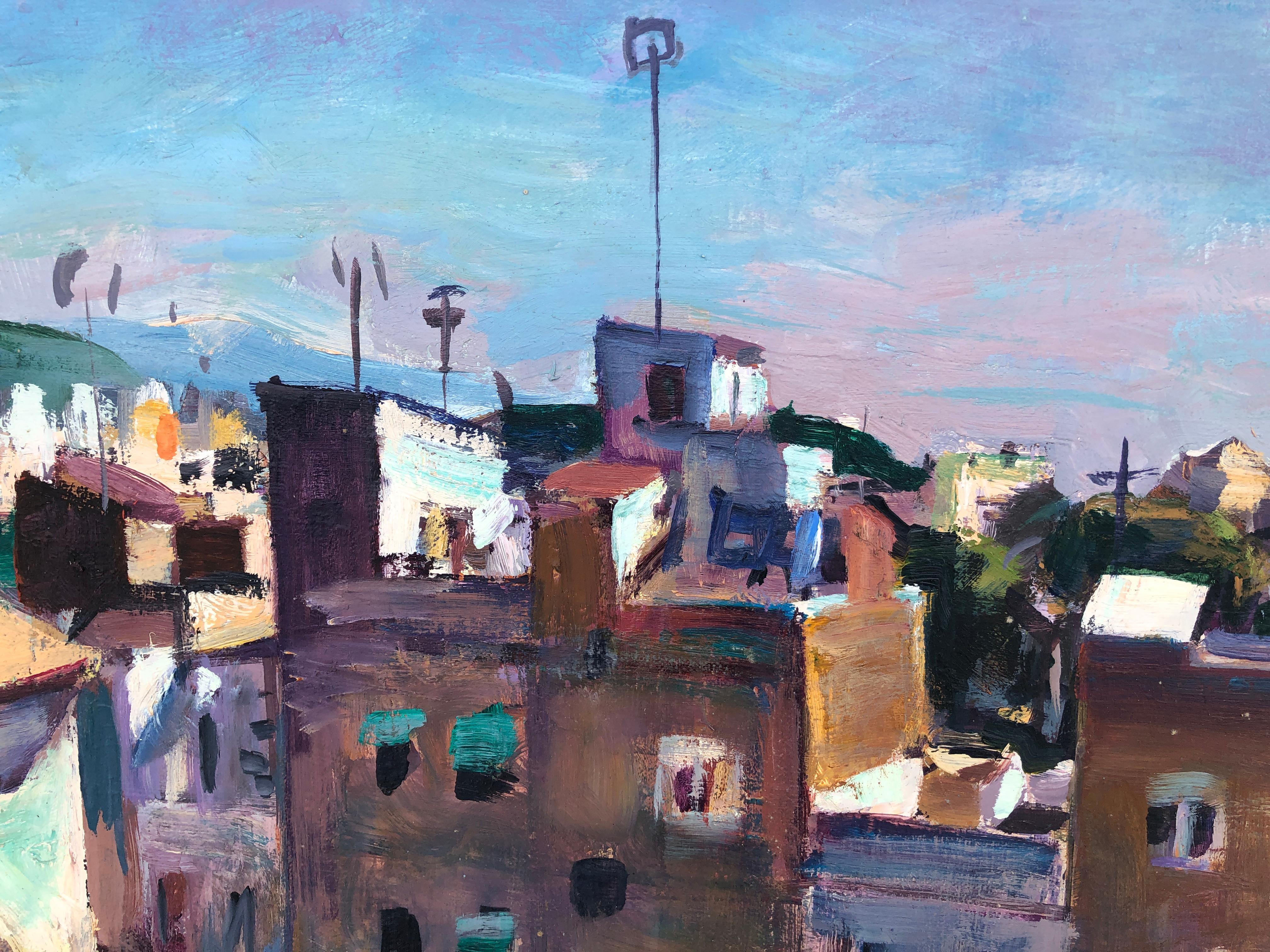 La Clota Barcelona urbanscape neighborhood oil on canvas - Gray Landscape Painting by Josep Moscardo