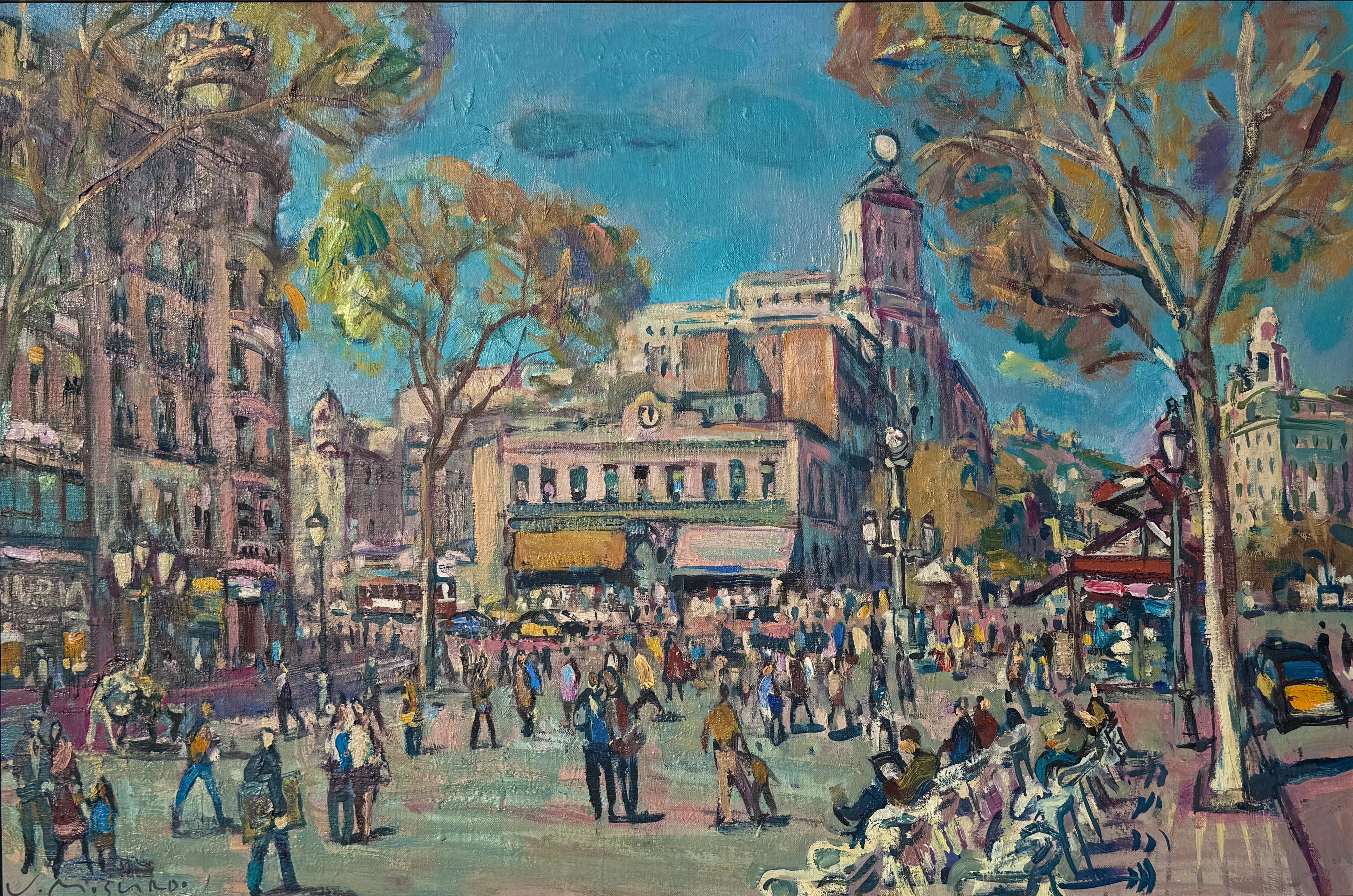 LAS Ramblas Barcelona Öl auf Leinwand, signiert, 1990er Jahre, gerahmt