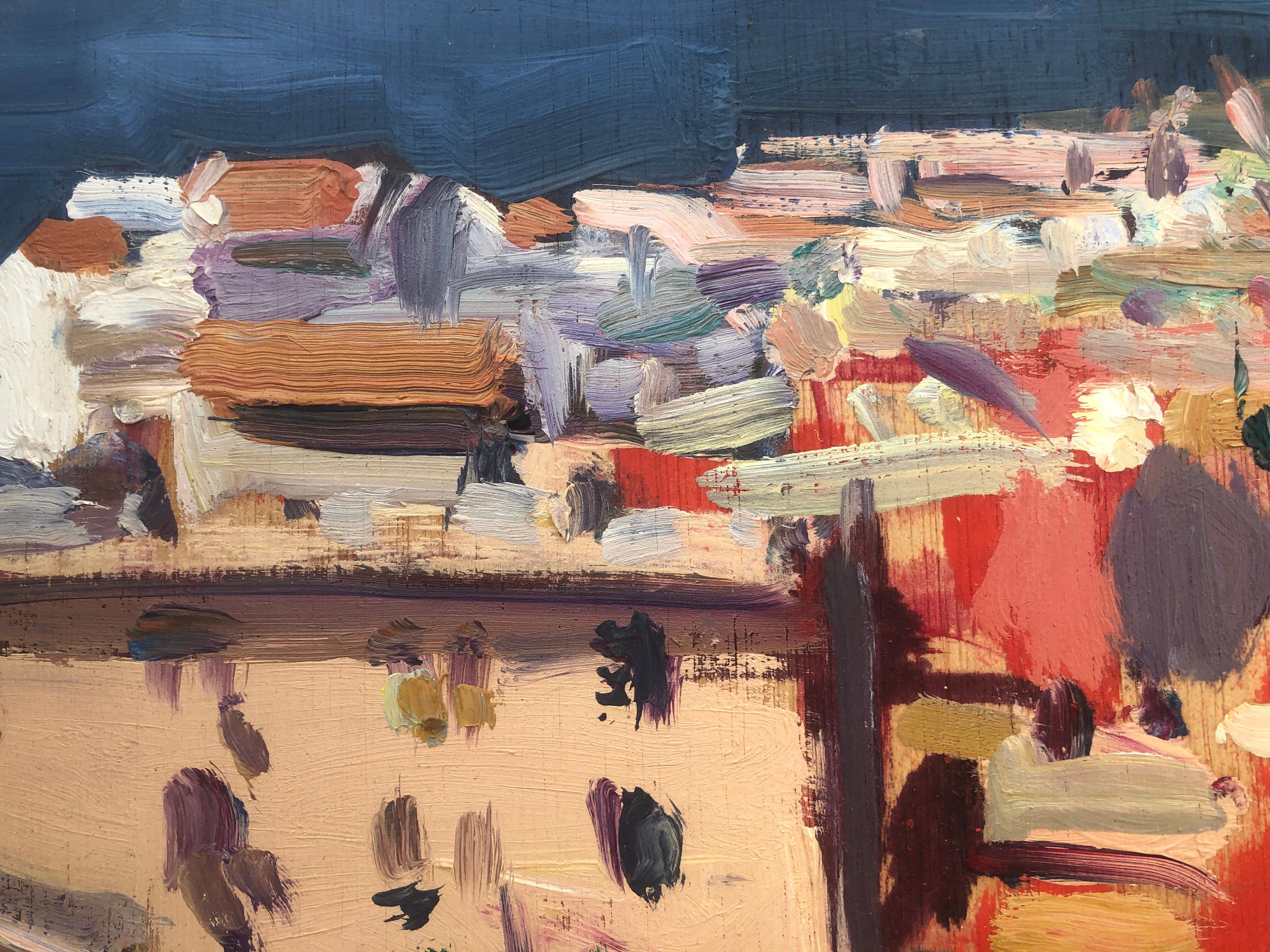 Nice France oil on board painting landscape urbanscape seascape - Gray Landscape Painting by Josep Moscardo