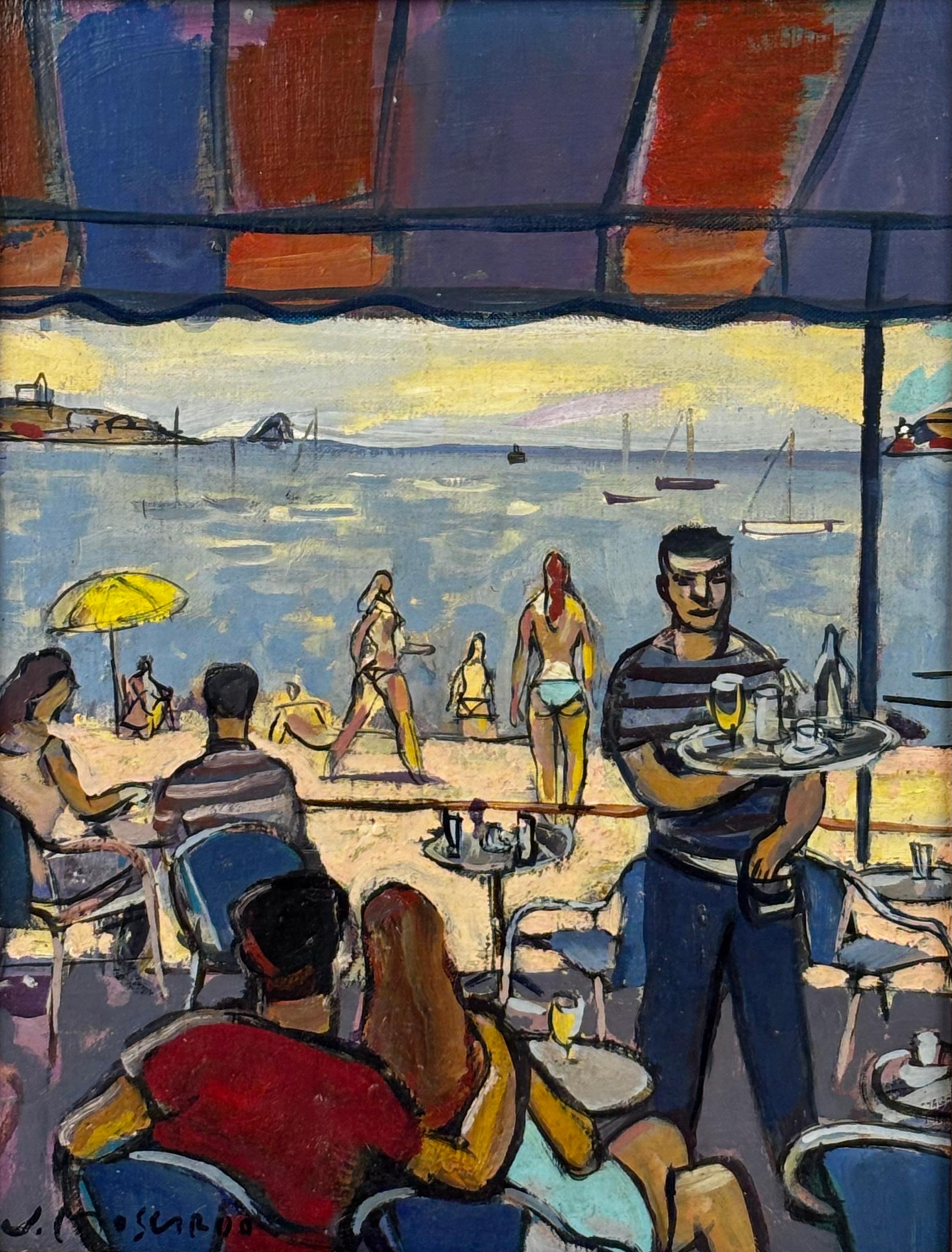 ÓLEO SOBRE TELA - JOSEP MOSCARDÓ - APERITIVO EN LA PLAYA