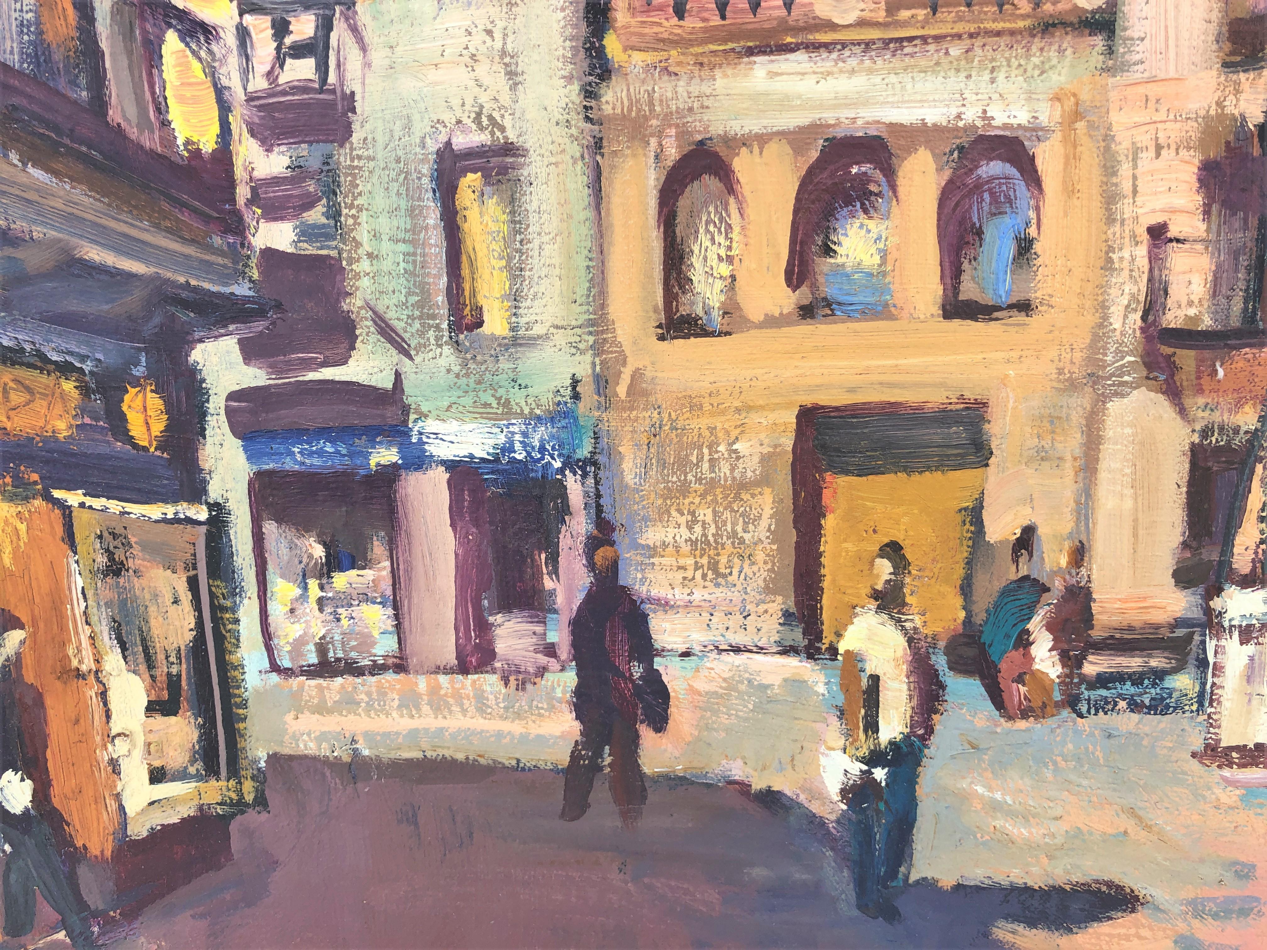 Plaza de Santa María Mataro España óleo sobre lienzo pintura paisaje urbano - Painting Posimpresionista de Josep Moscardo