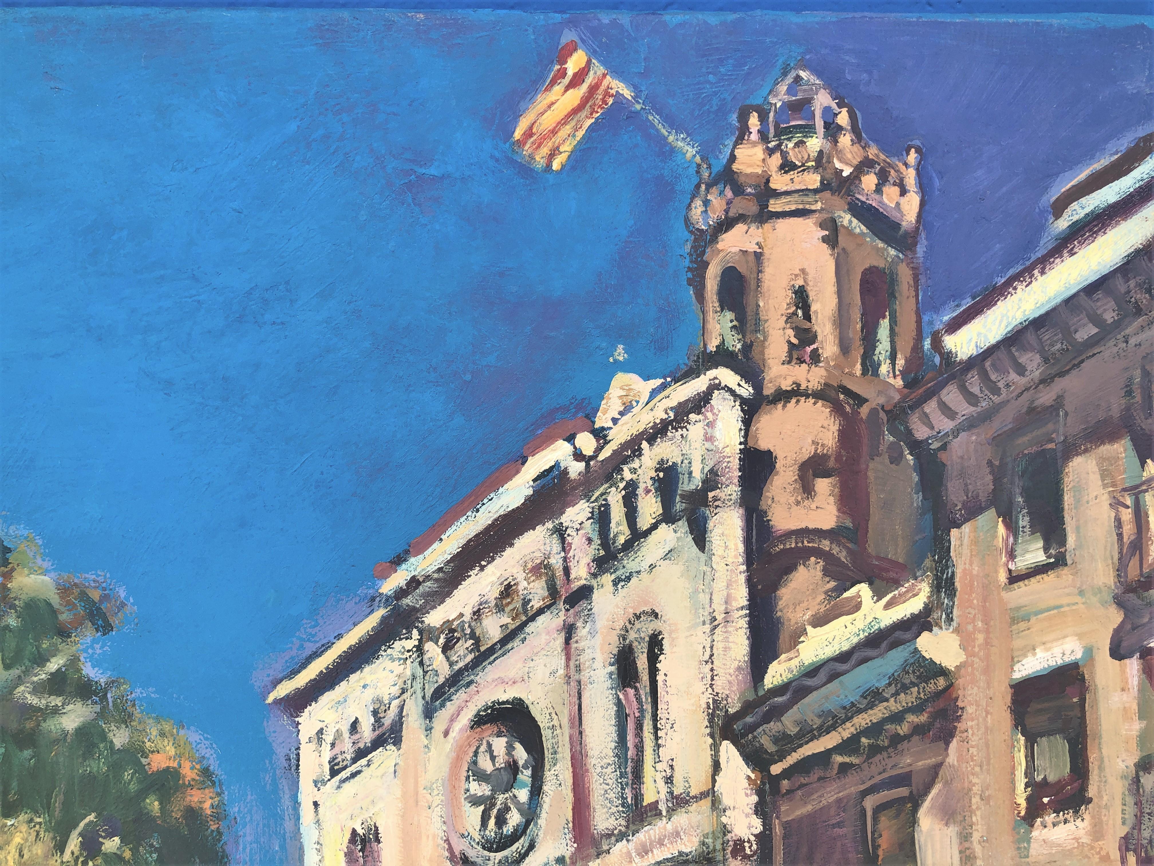 Santa Maria square Mataro Spain oil on canvas painting urbanscape - Post-Impressionist Painting by Josep Moscardo