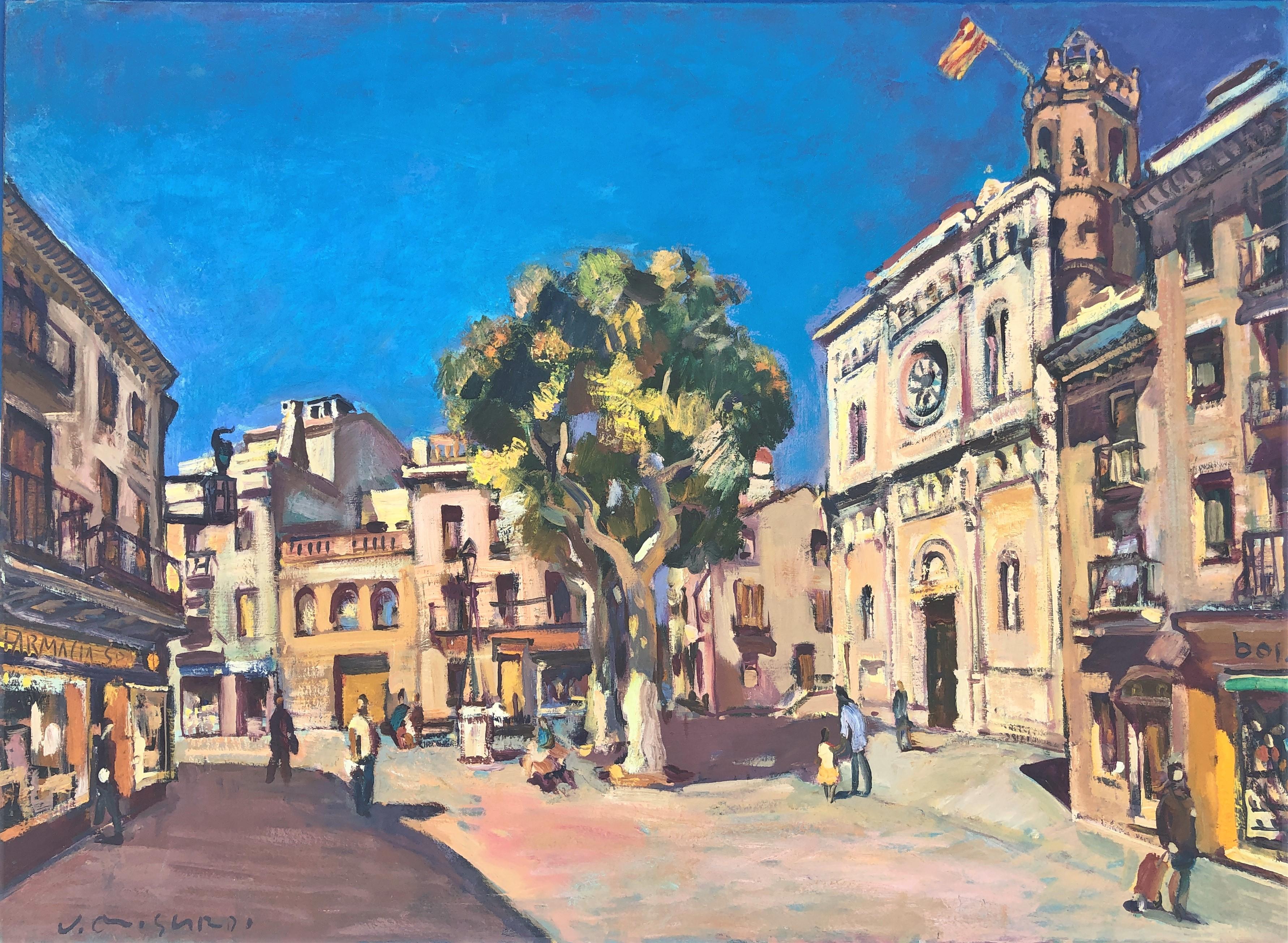 Santa Maria square Mataro Spain oil on canvas painting urbanscape