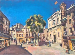 Piazza Santa Maria Mataro Spagna olio su tela pittura paesaggio urbano