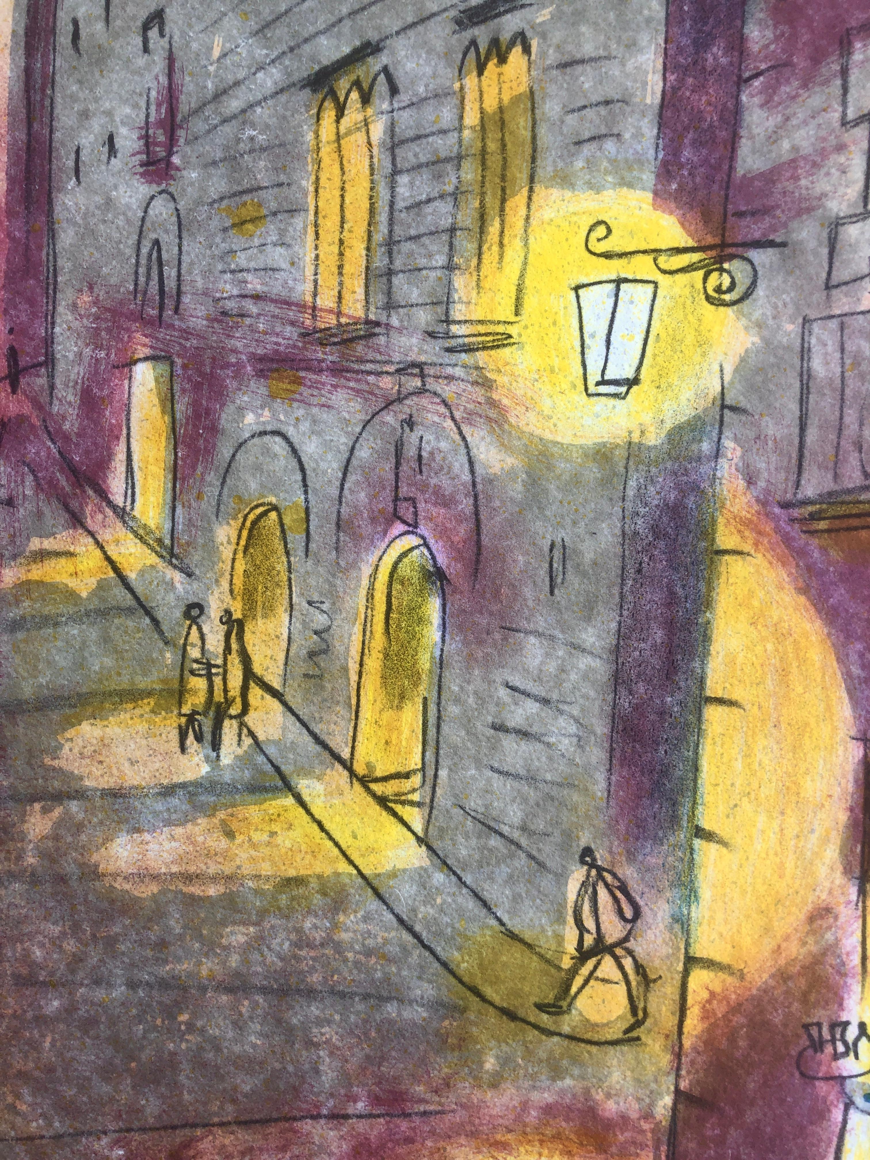 Gerona Cathedral urbanscape lithograph - Post-Impressionist Print by Josep Moscardo