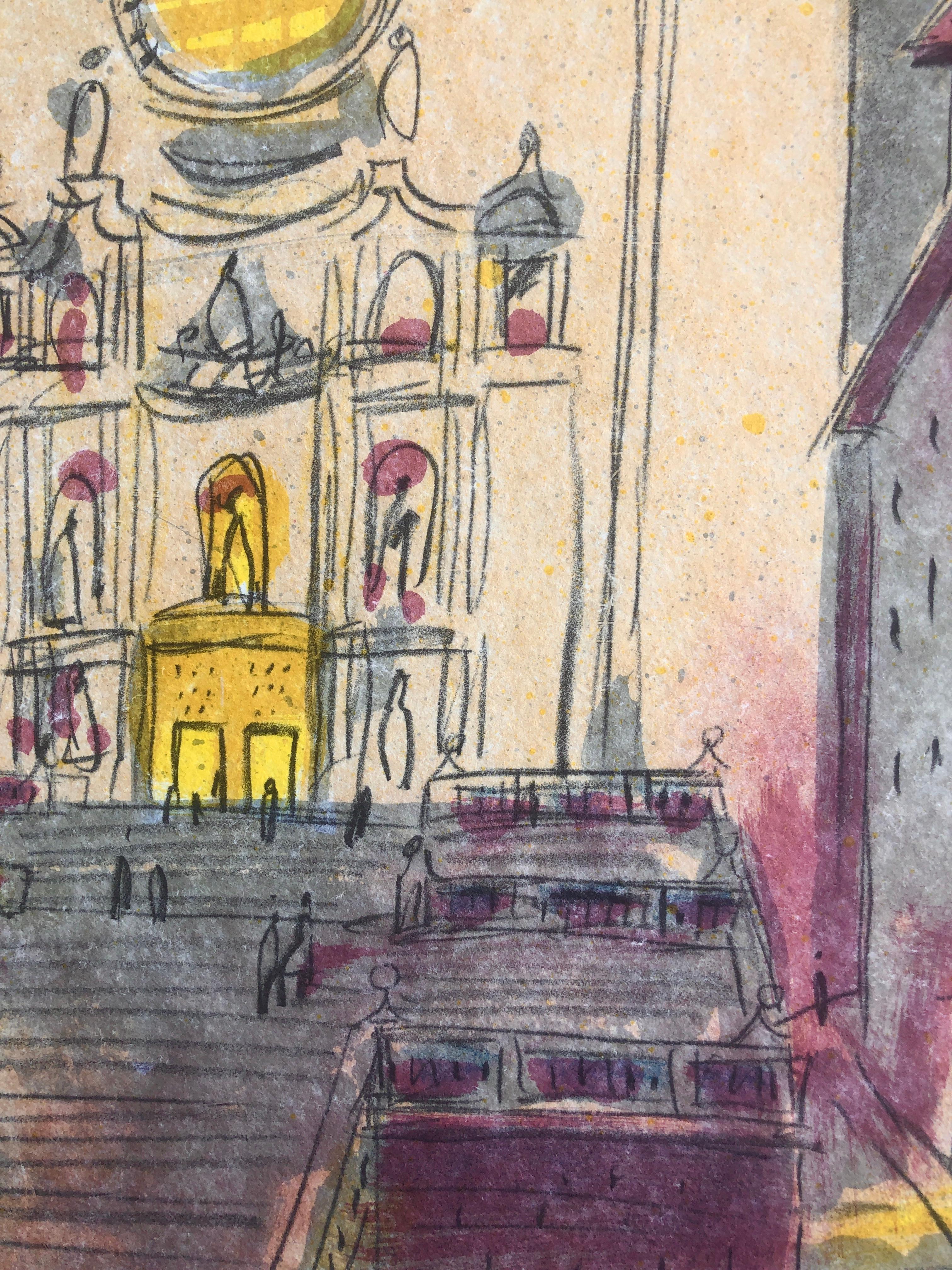 Lithographie du paysage urbain de la cathédrale de Gérone en vente 1