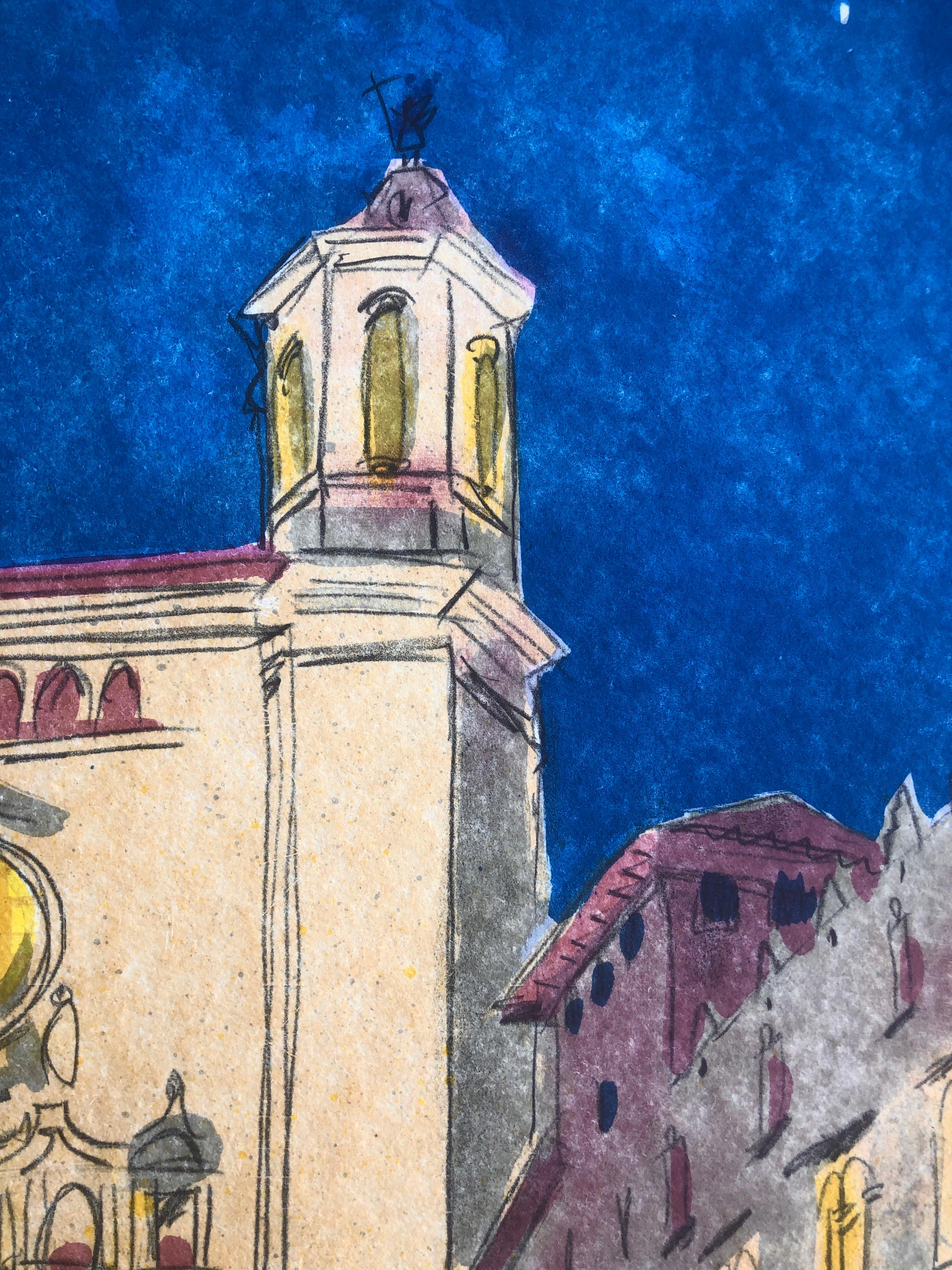 Litografia del paesaggio urbano della Cattedrale di Gerona in vendita 1