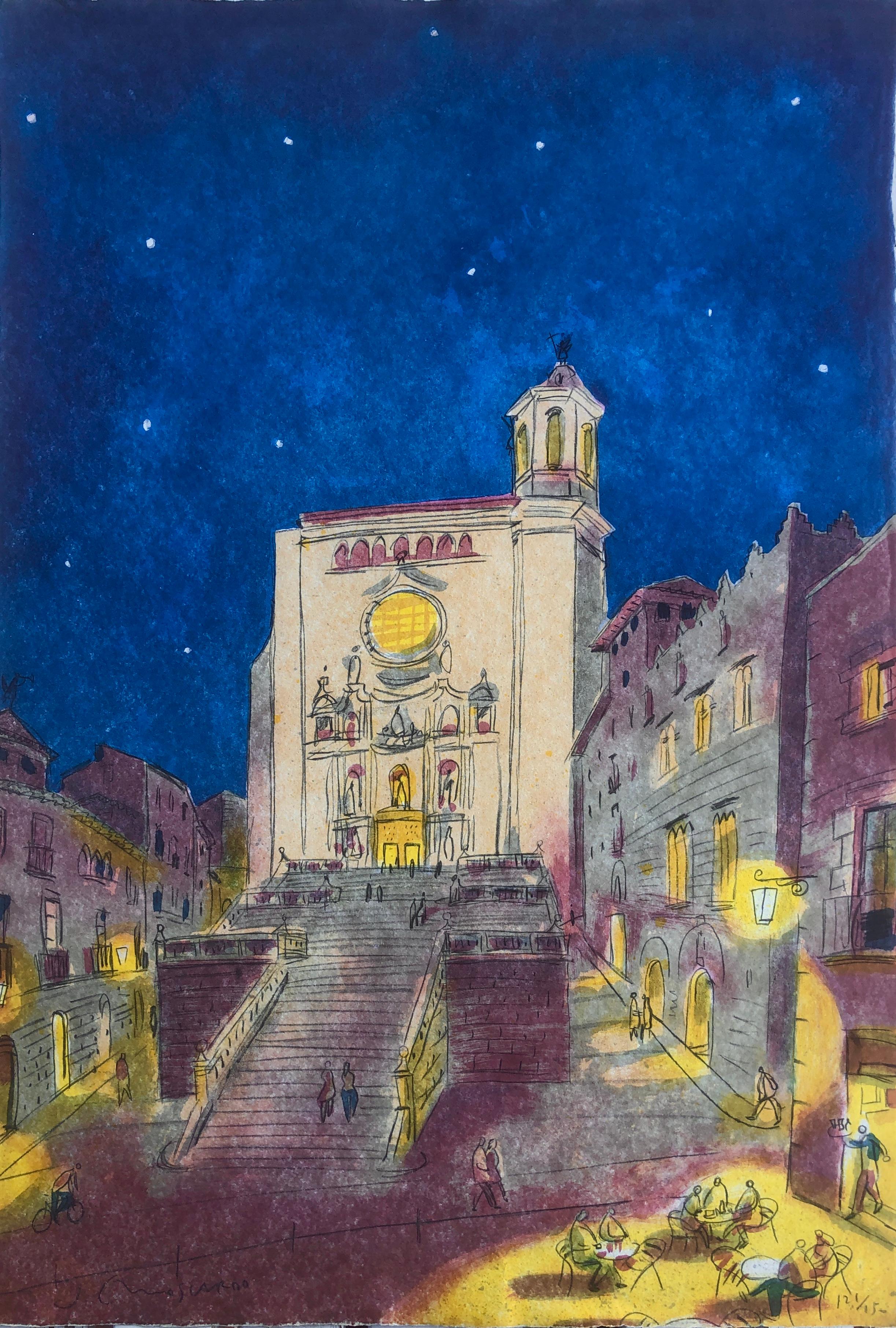 Gerona Cathedral urbanscape lithograph