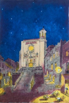 Gerona Kathedrale Stadtlandschaft Lithographie
