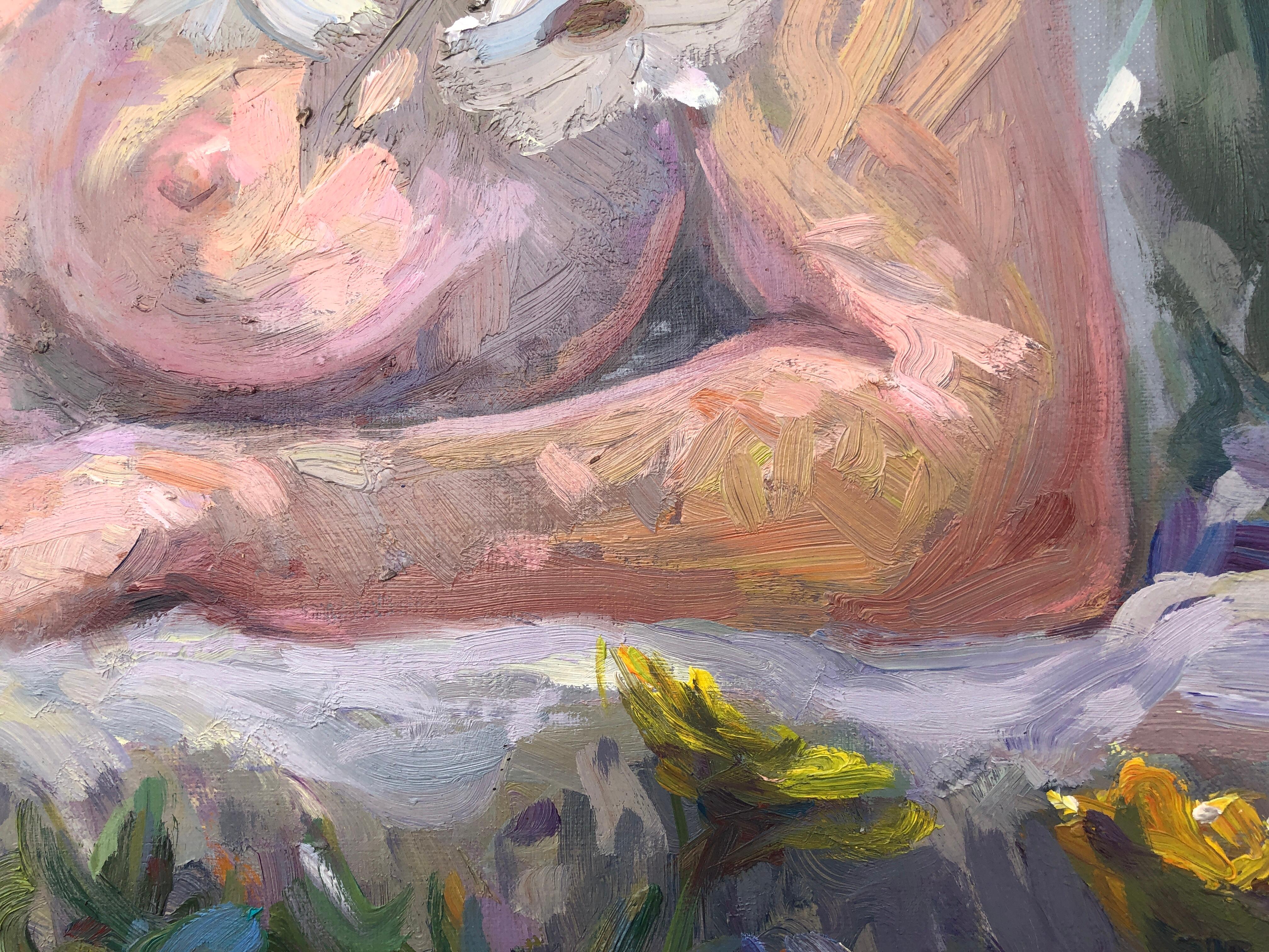 Nude Woman Resting with Flowers oil on canvas painting - Impressionist Painting by Josep Munne Graupera