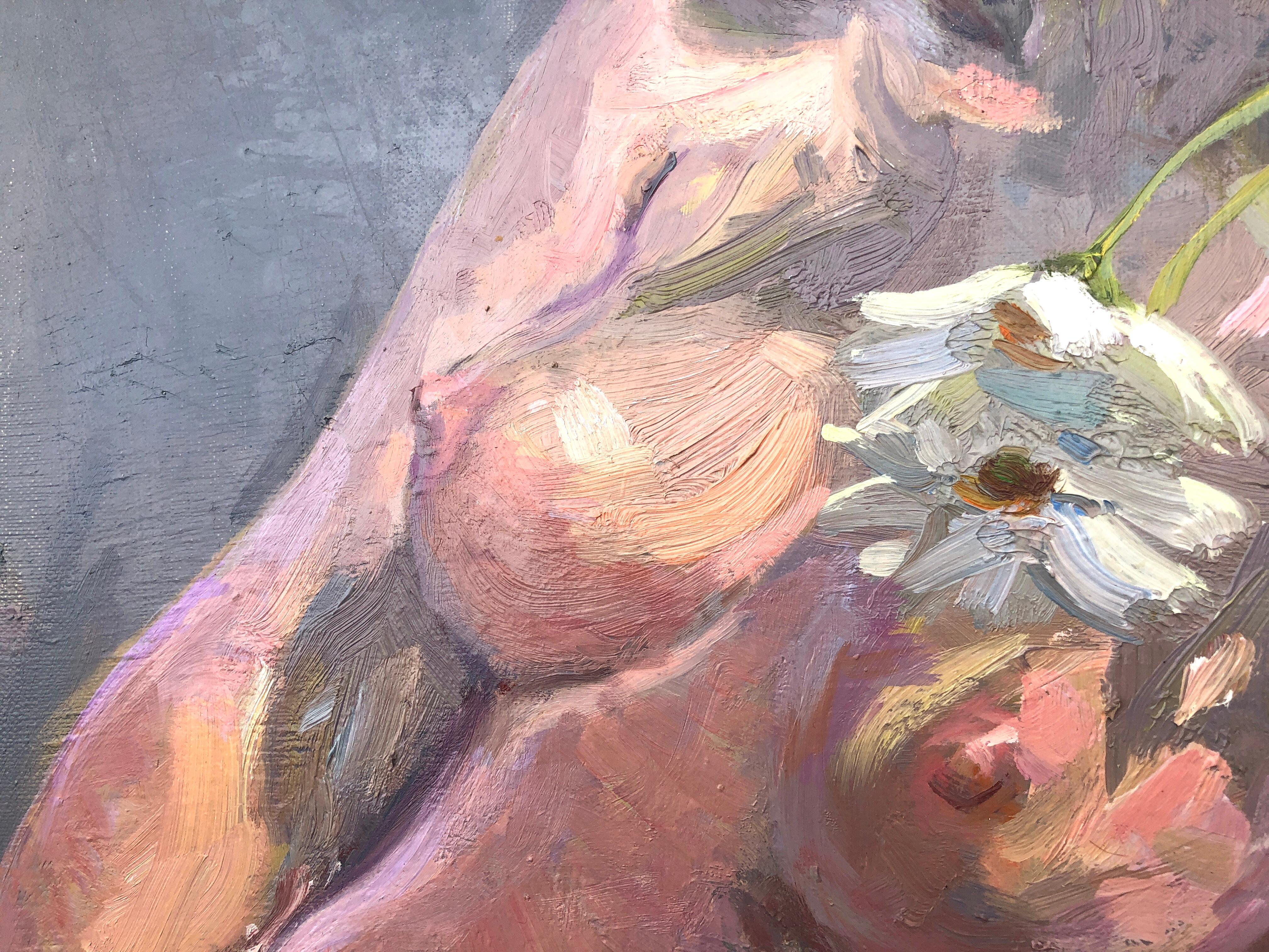 Nude Woman Resting with Flowers oil on canvas painting - Gray Nude Painting by Josep Munne Graupera