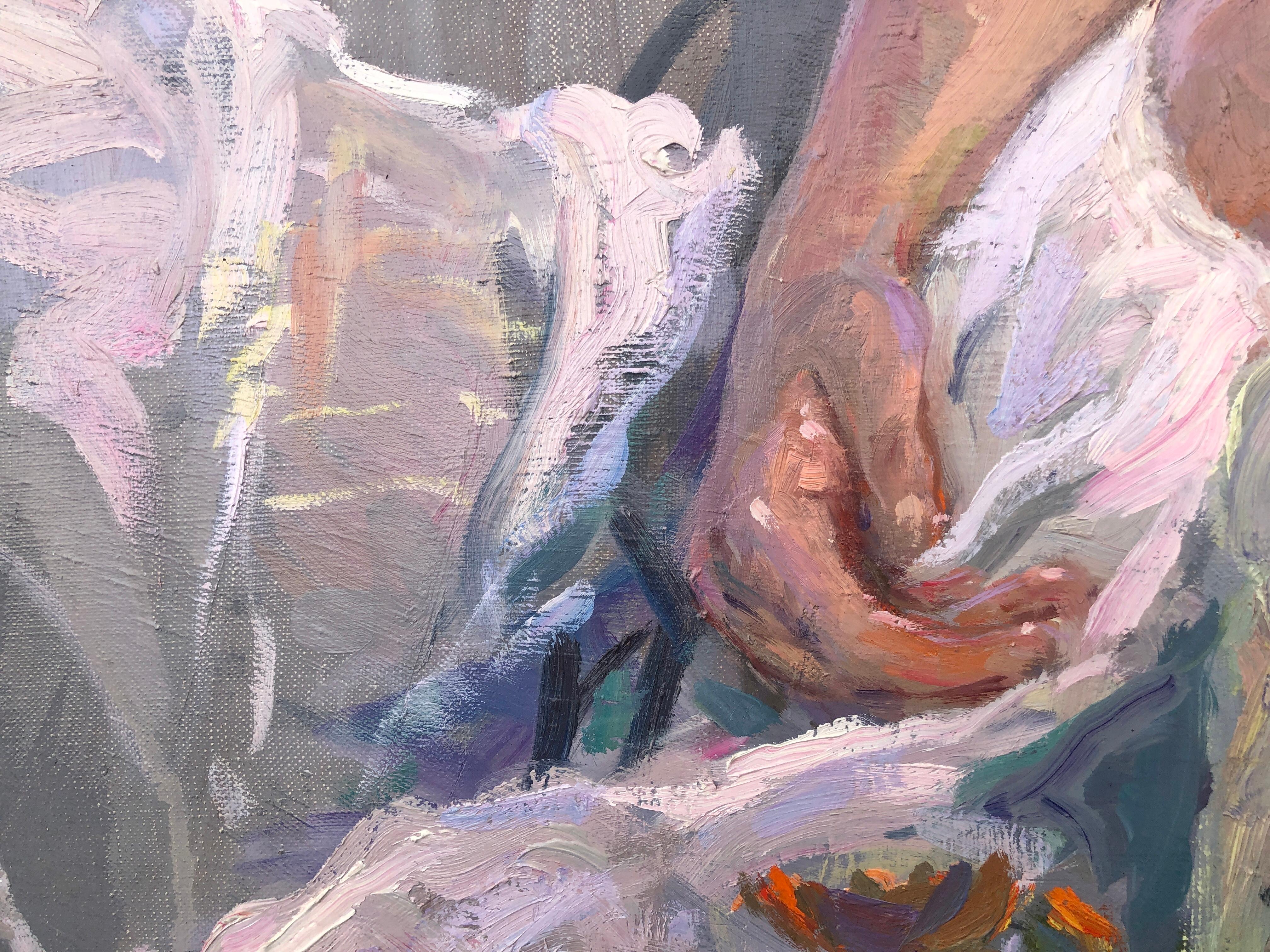 Nude Woman Resting with Flowers oil on canvas painting For Sale 1