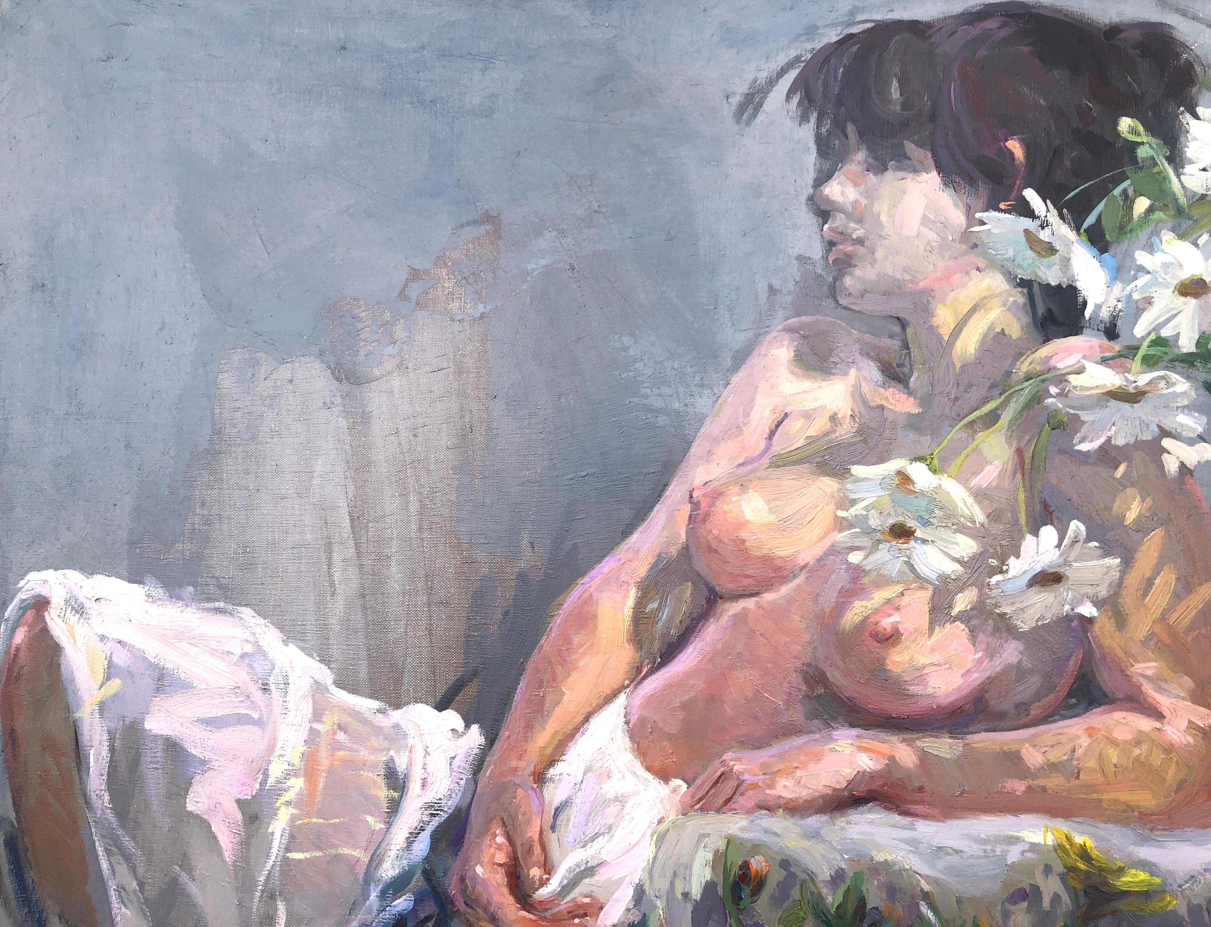 Nude Woman Resting with Flowers oil on canvas painting For Sale 2