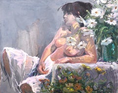 Huile sur toile d'une femme nue se reposant avec des fleurs