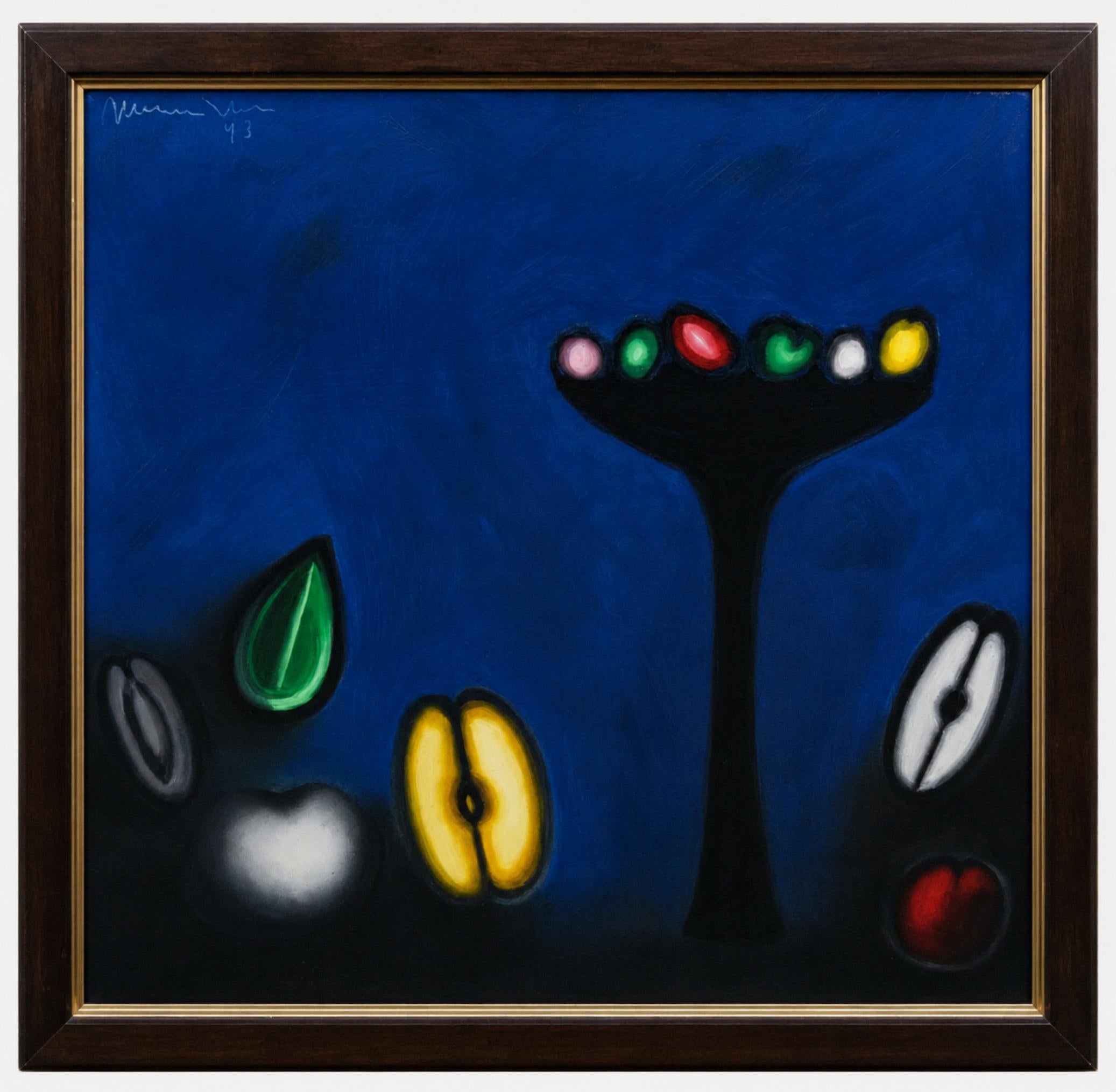 JOSEP NAVARRO VIVES (Barcelona, Spain, 1931–2023).
"Abstract Composition, Oil on Canvas by Josep Navarro Vives."
Oil on canvas.
Signed and dated 1993 upper left. Dedicated on the reverse.
Artwork: 54 × 45 cm. Framed: 59 × 50 cm.

Painted in 1993,