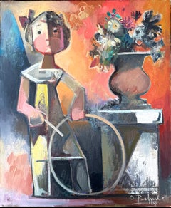 Cubist Figurative Painting with Flowers Spanish Mid-Century Modern Oil 1953