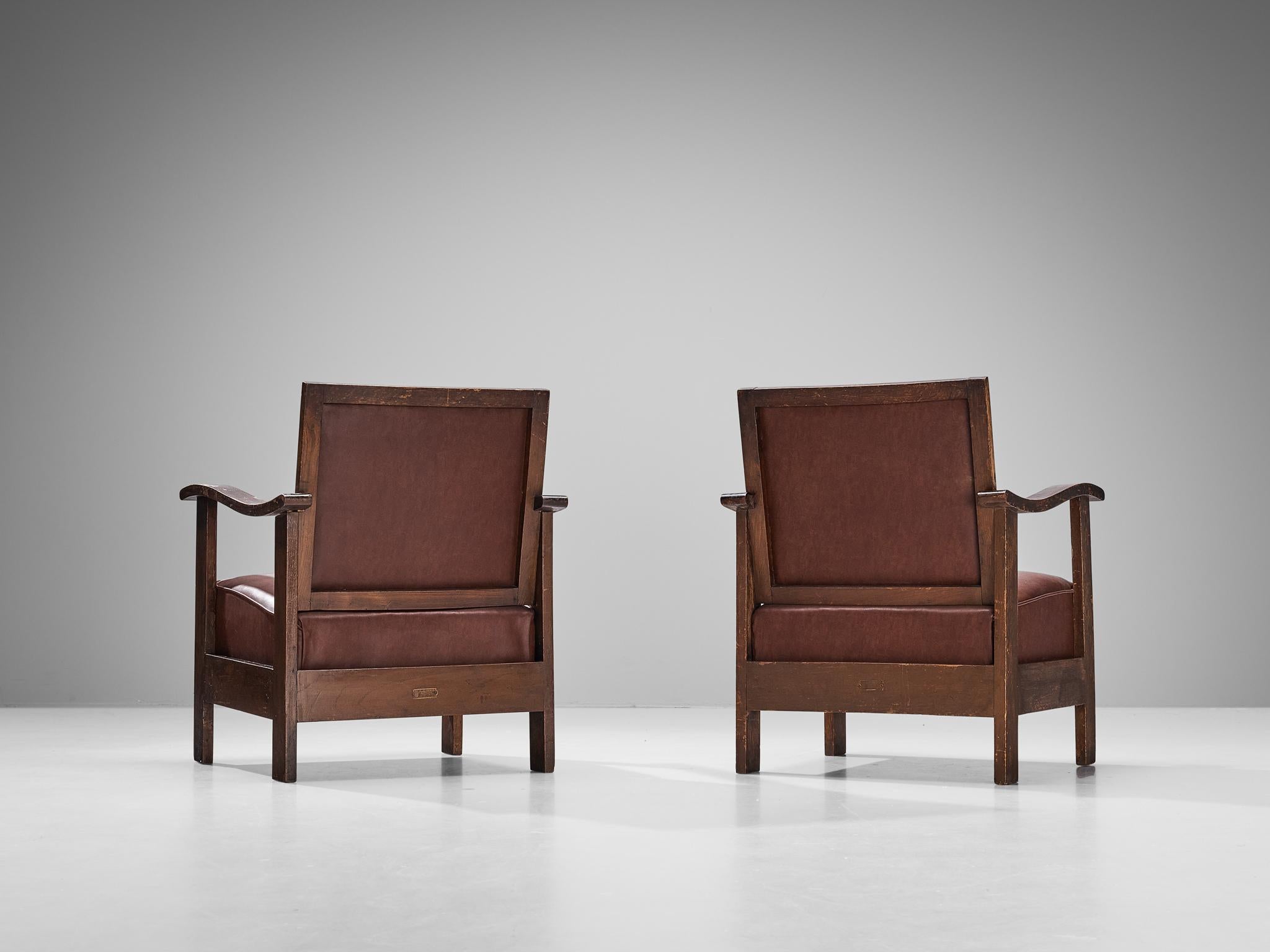 Brass Josep Palau Oller Spanish Pair of Armchairs in Brown Leather  For Sale
