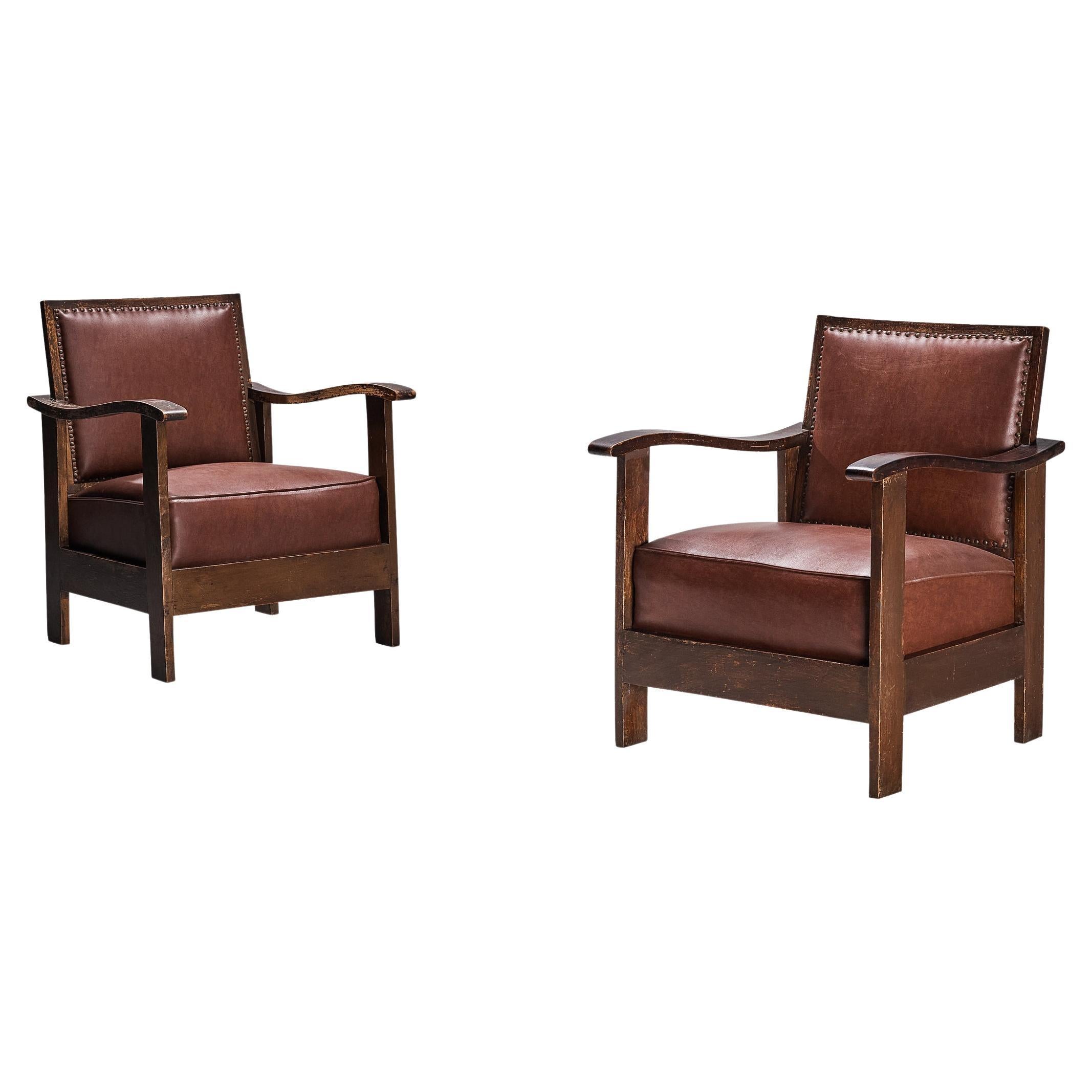 Josep Palau Oller Spanish Pair of Armchairs in Brown Leather  For Sale