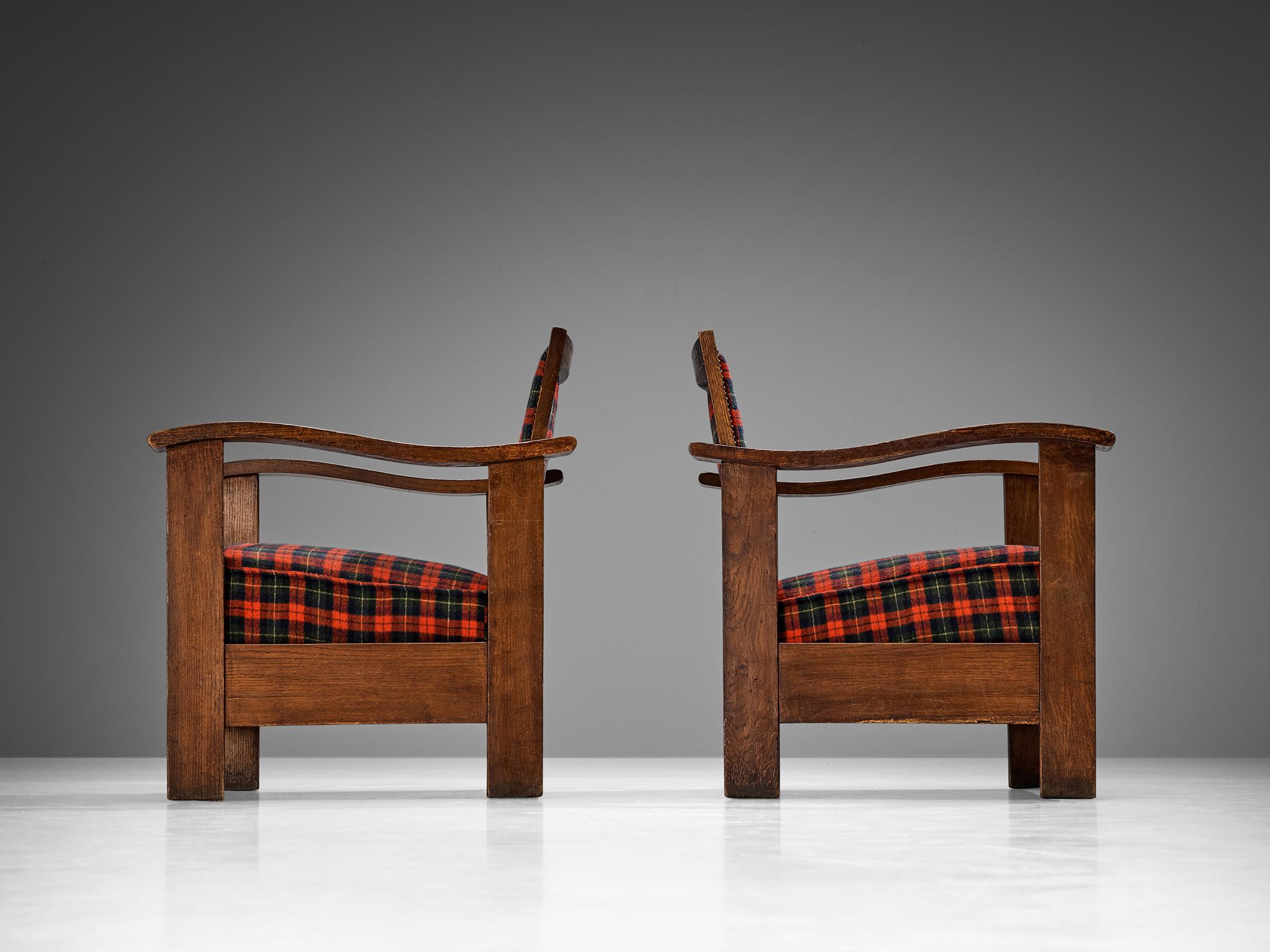 Mid-20th Century Josep Palau Oller Spanish Pair of Armchairs in Oak and Tartan Wool For Sale