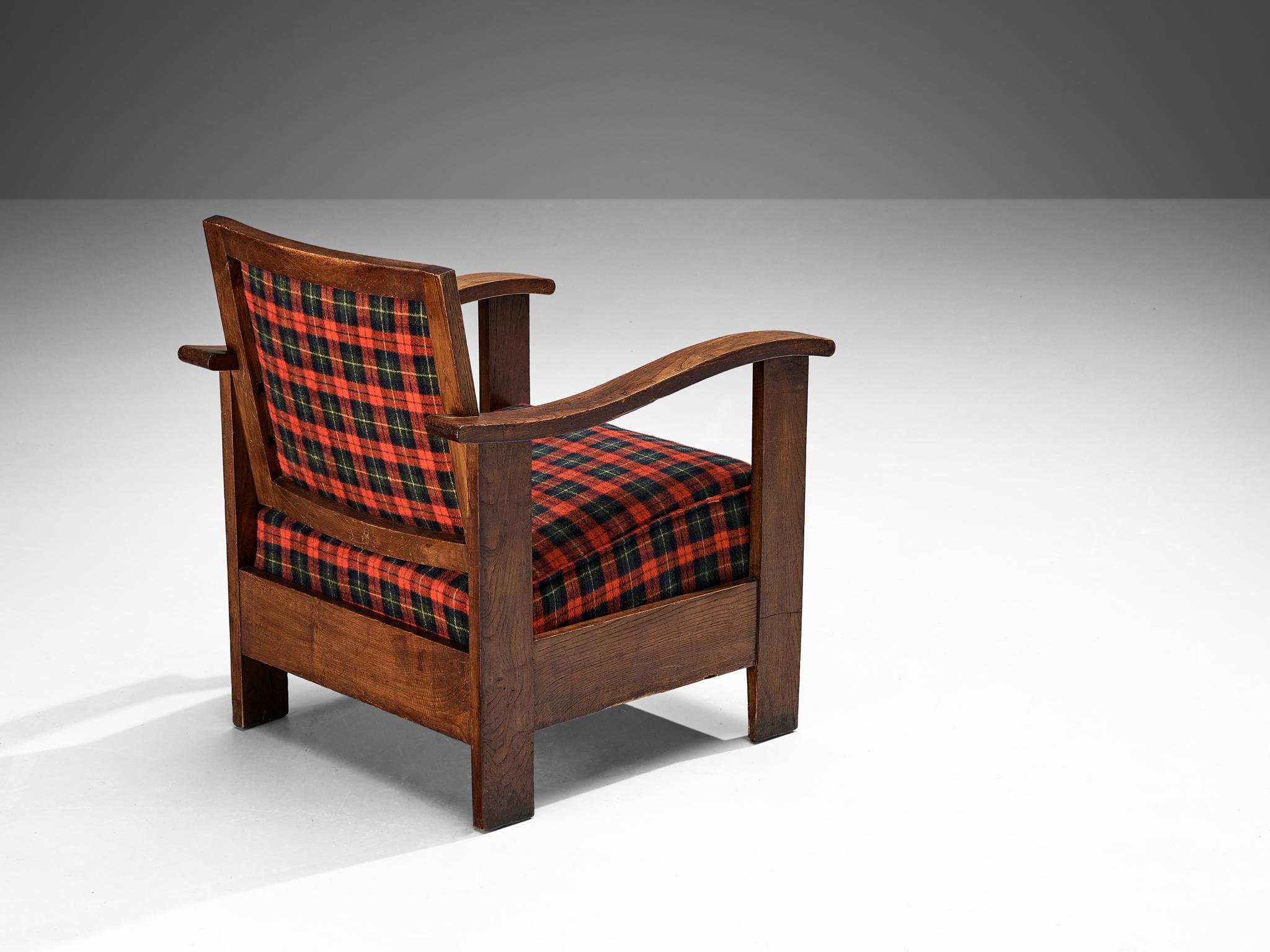 Art Deco Josep Palau Oller Spanish Pair of Armchairs in Oak and Tartan Wool For Sale