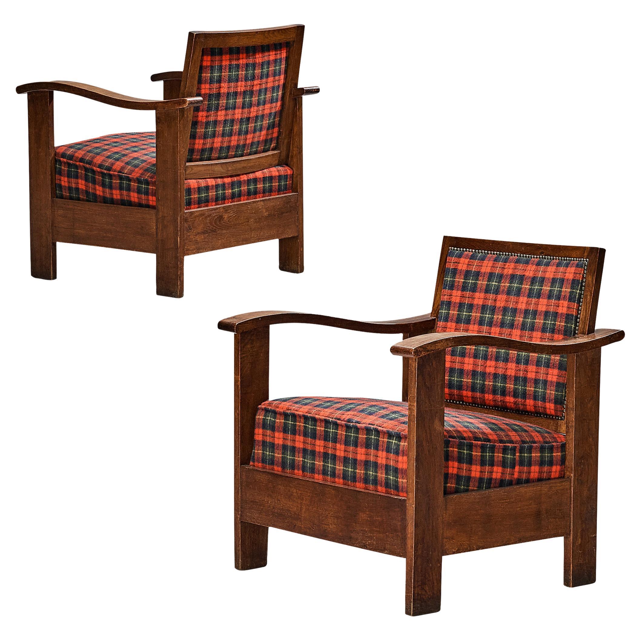 Josep Palau Oller Spanish Pair of Armchairs in Oak and Tartan Wool