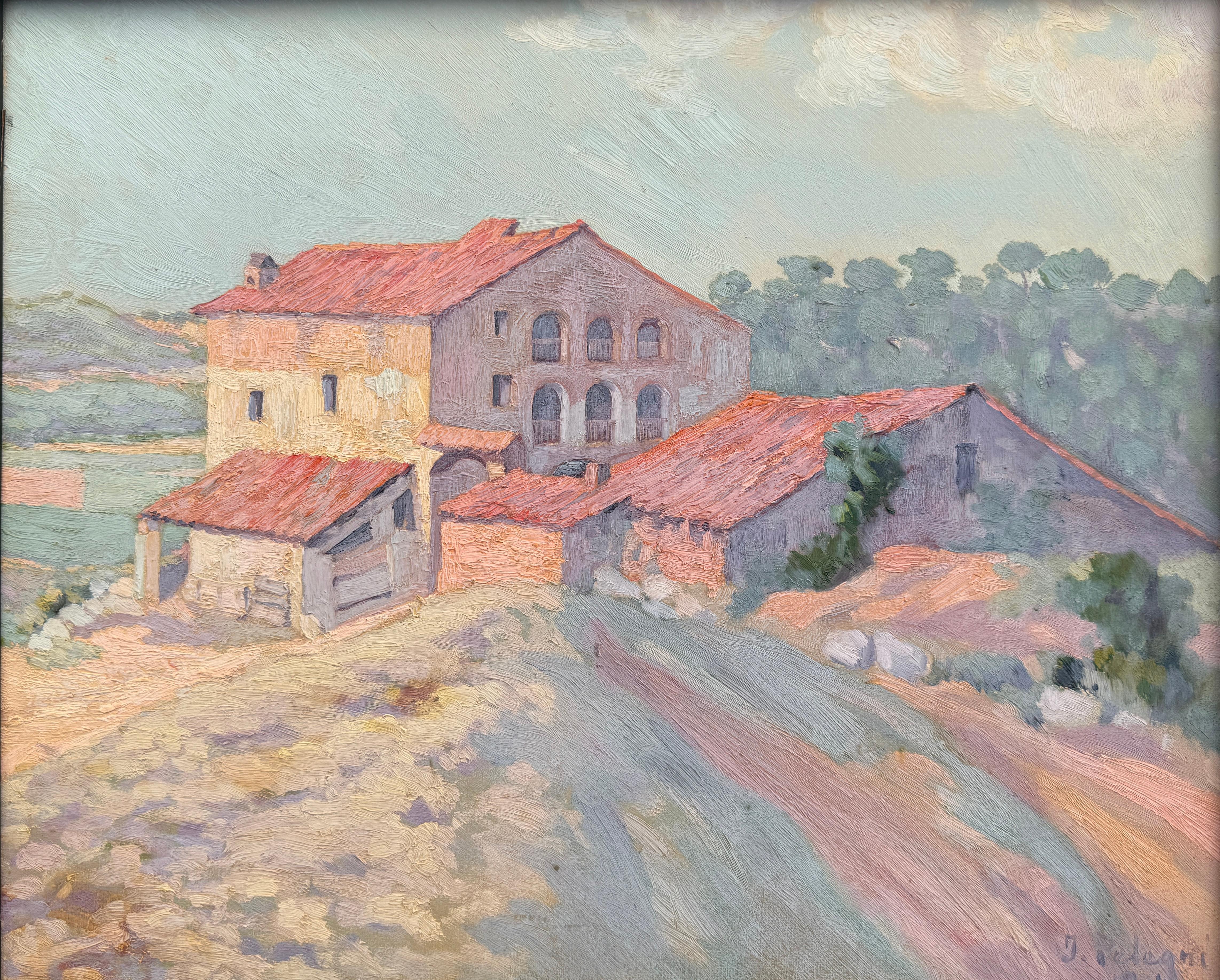 Josep Pelegrí Ferrer Landscape Painting – Spanische Landschaft mit ländlicher Architektur Ölgemälde