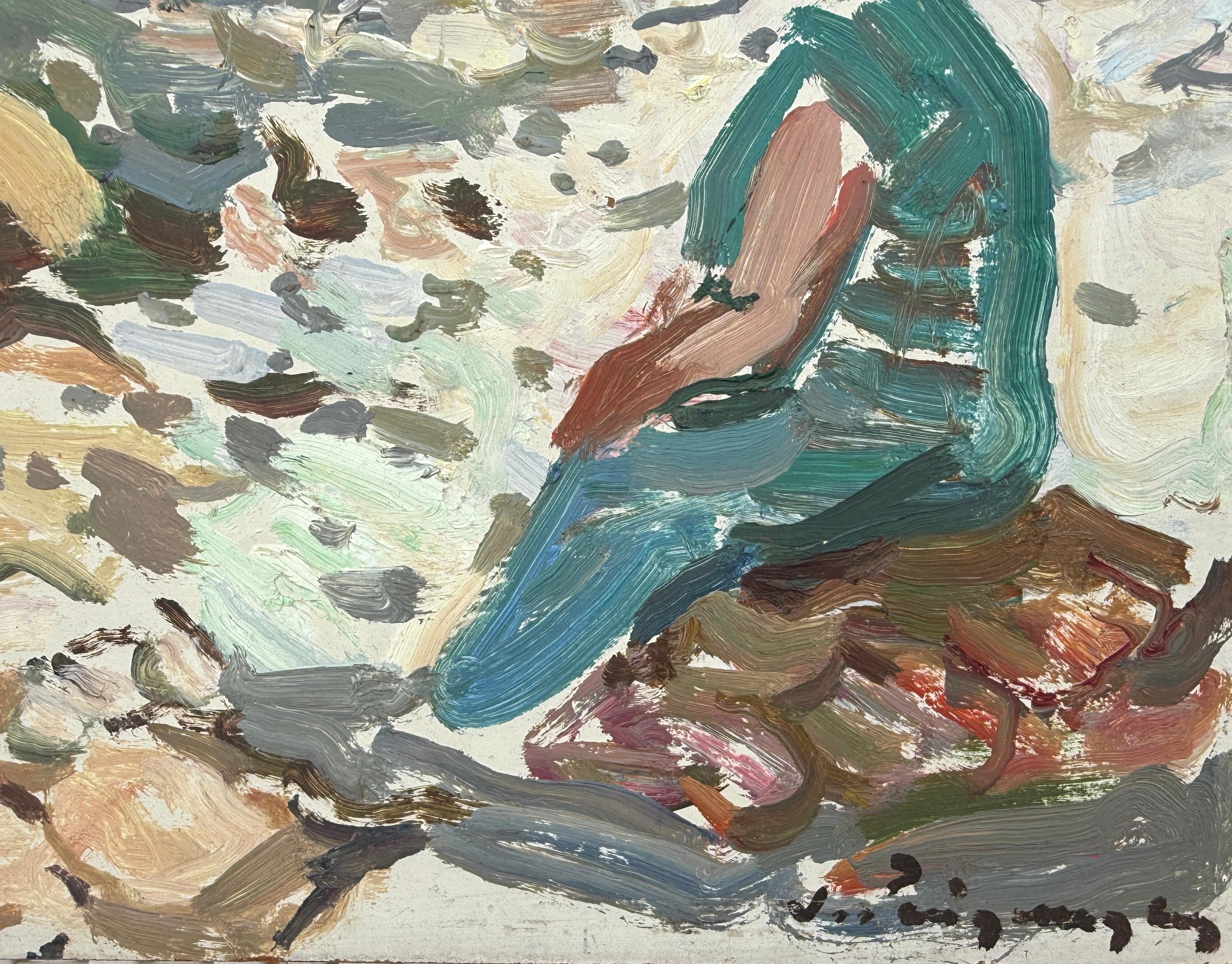 Tableau d'une plage de Costa Brava, Espagne, huile sur carton, art européen - Painting de Josep Puigdengolas