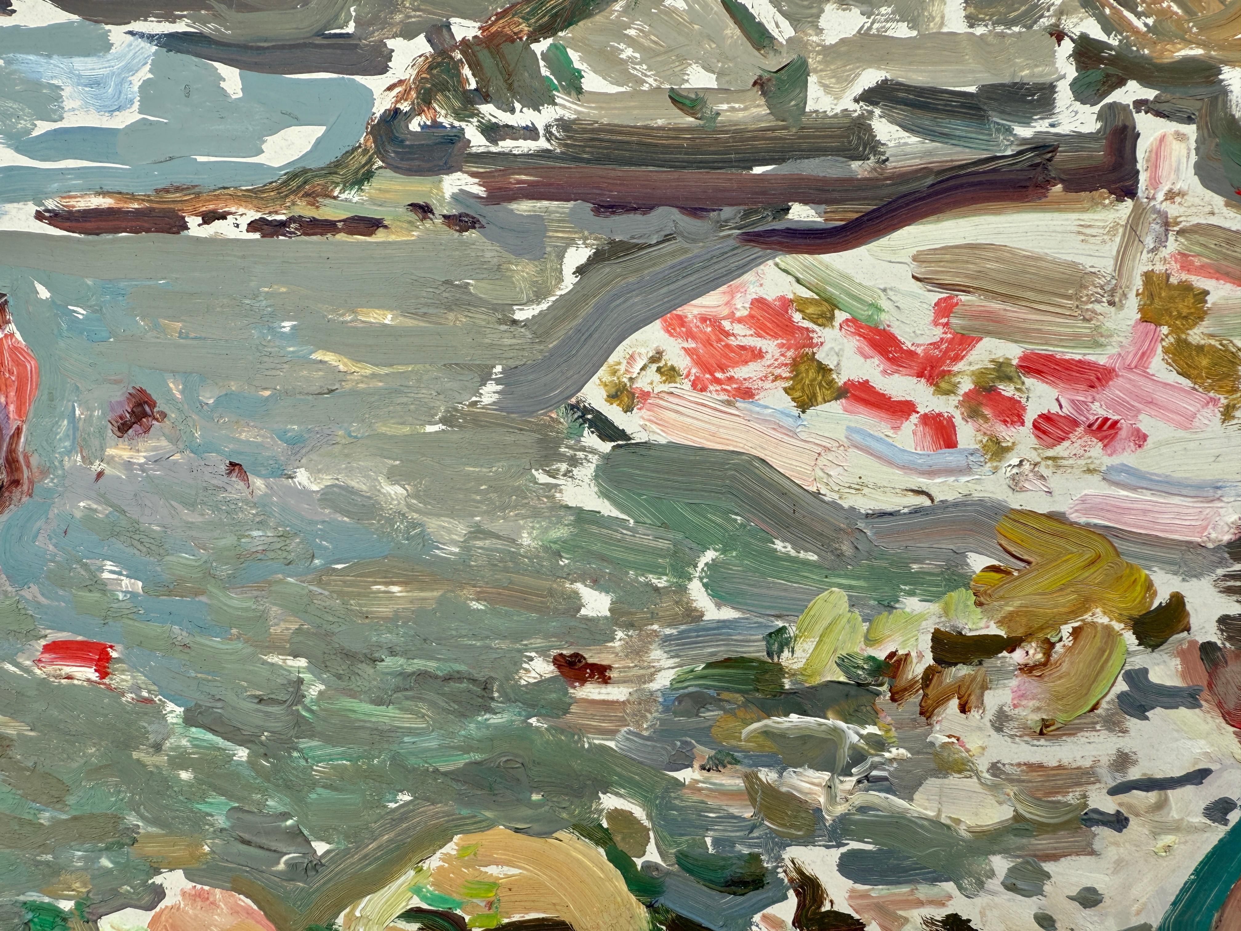 Tableau d'une plage de Costa Brava, Espagne, huile sur carton, art européen - Post-impressionnisme Painting par Josep Puigdengolas