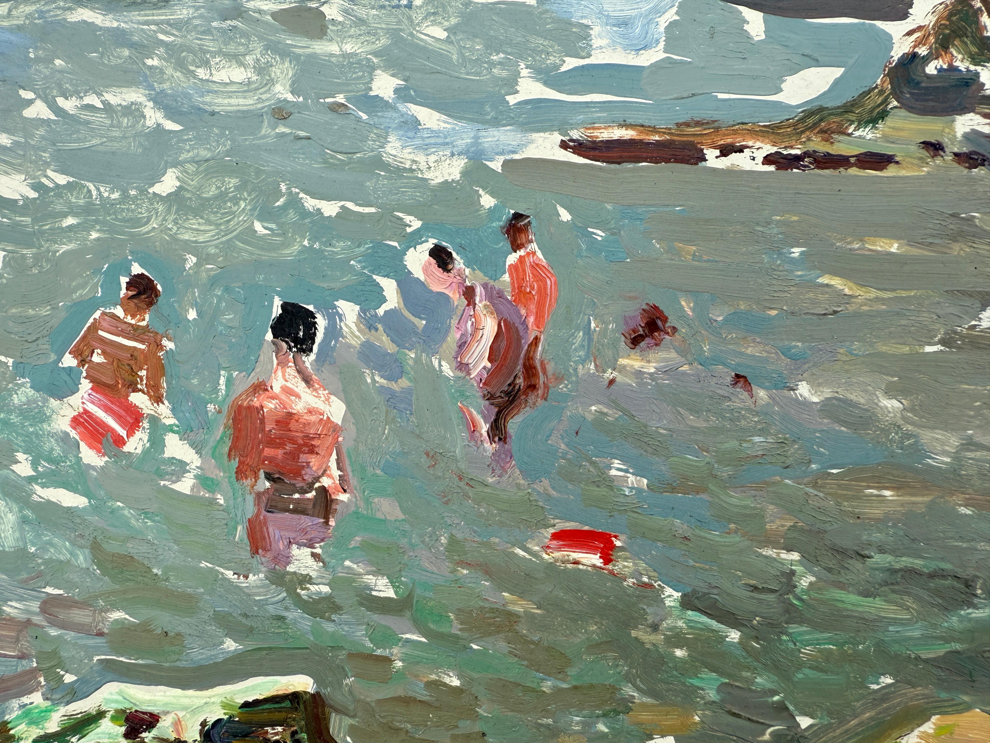 Tableau d'une plage de Costa Brava, Espagne, huile sur carton, art européen - Gris Figurative Painting par Josep Puigdengolas