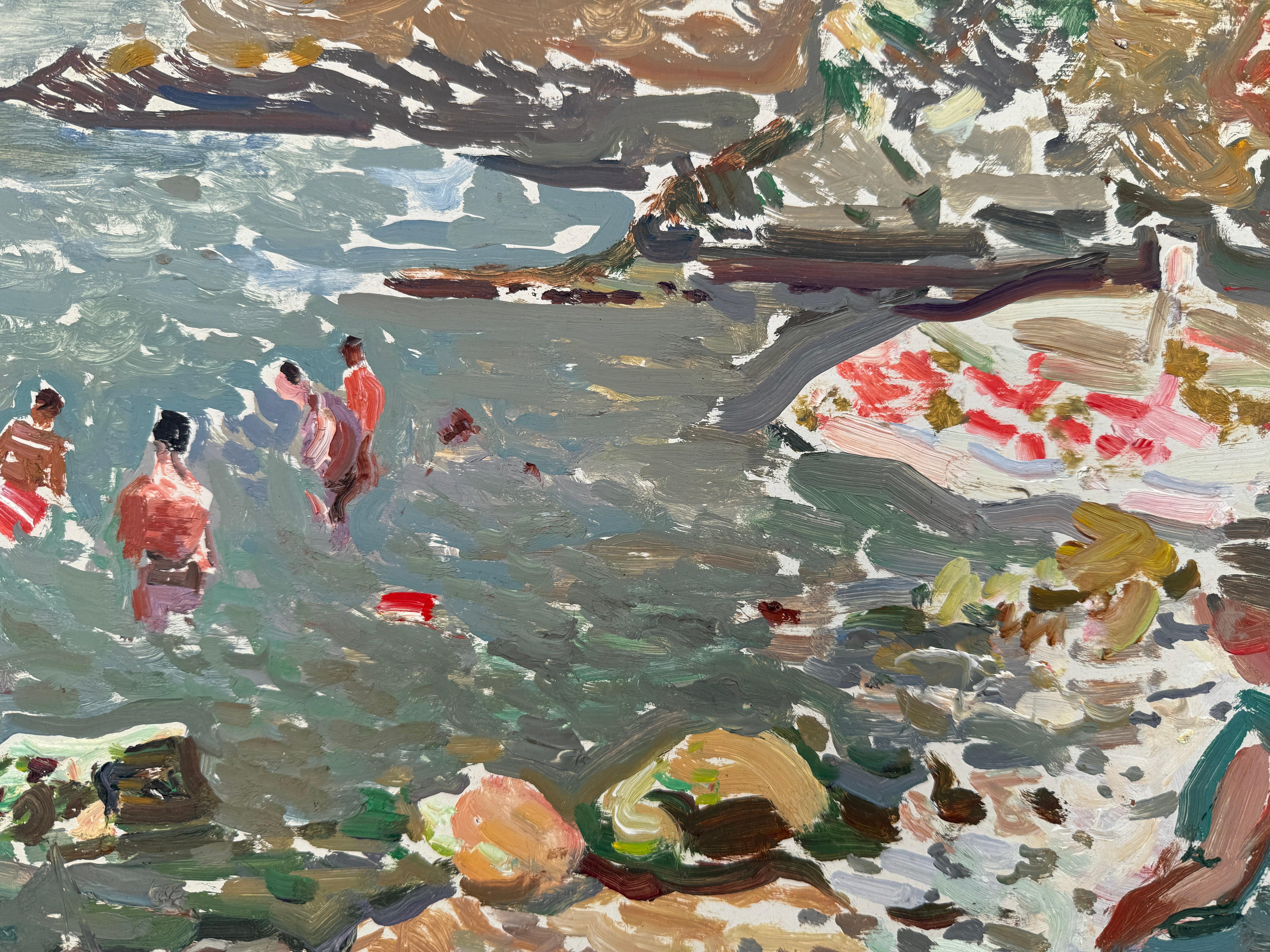 Tableau d'une plage de Costa Brava, Espagne, huile sur carton, art européen en vente 3