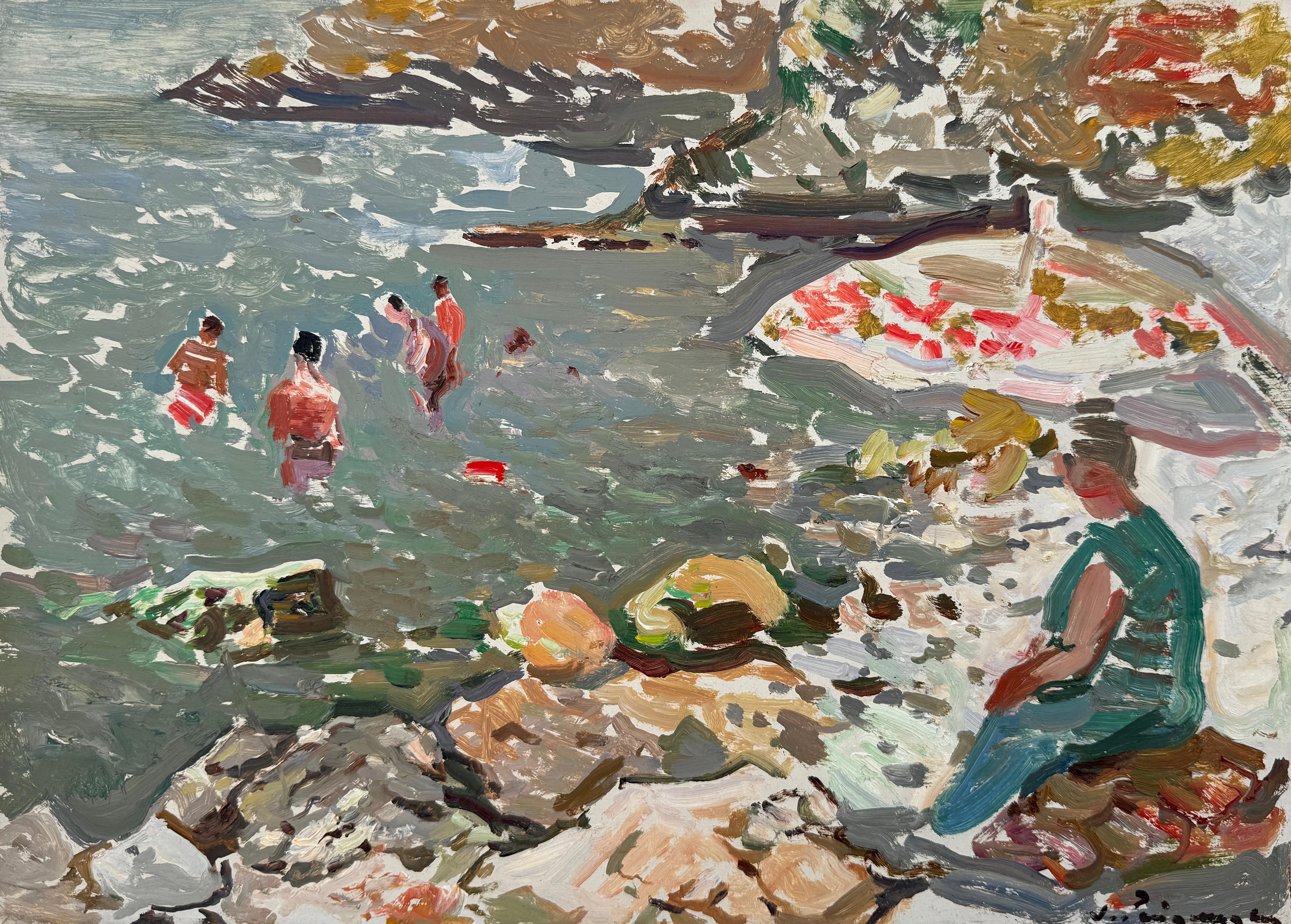 Giornata in spiaggia Costa Brava Spagna mediterraneo olio su tavola pittura arte europea