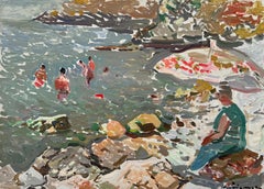 Strandtag Costa Brava Spanien Mittelmeerraum Öl auf Karton Gemälde Europäische Kunst