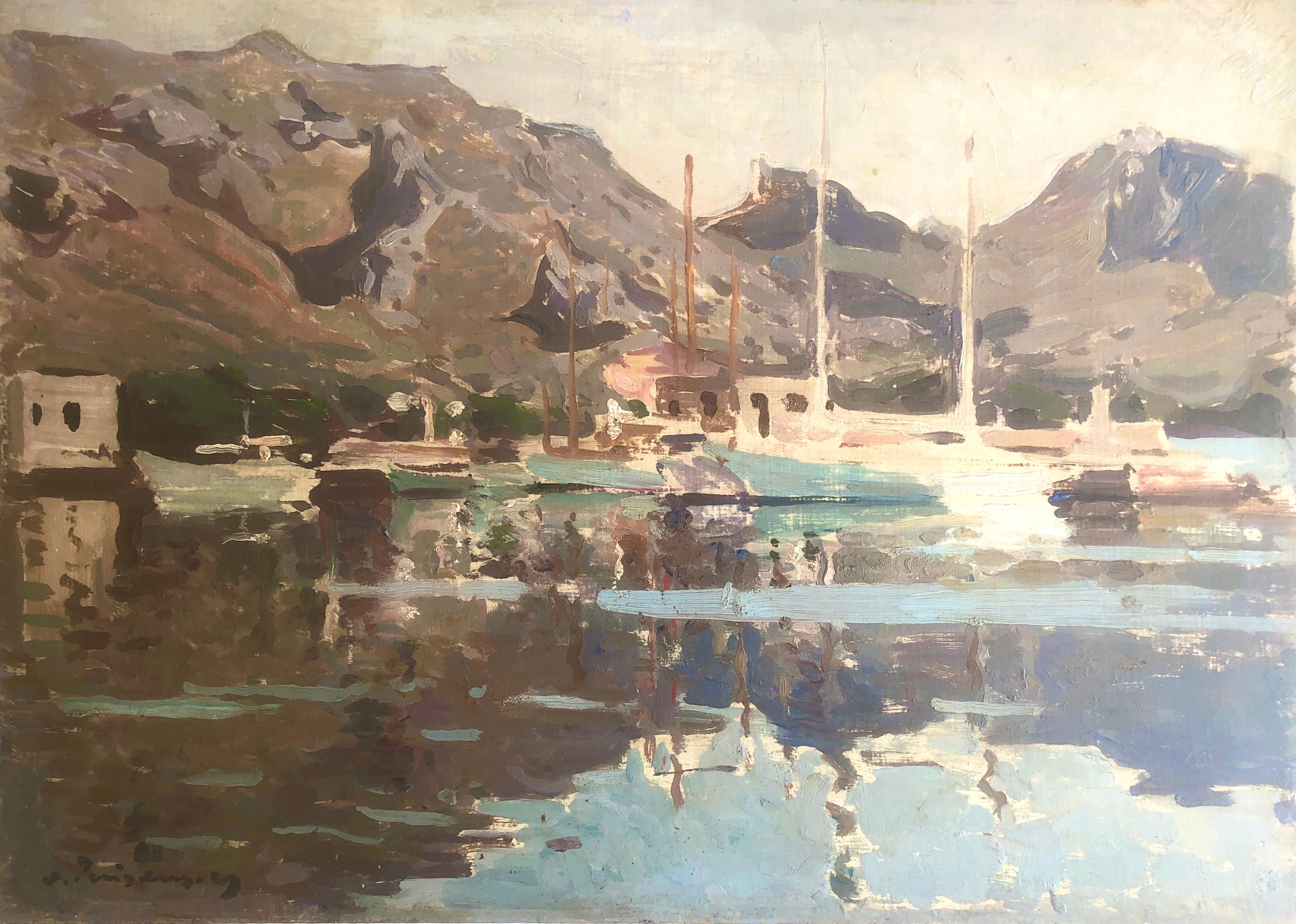 Josep Puigdengolas Landscape Painting - Pollensa Mallorca mediterranean seascape oil on board painting Spain spanish