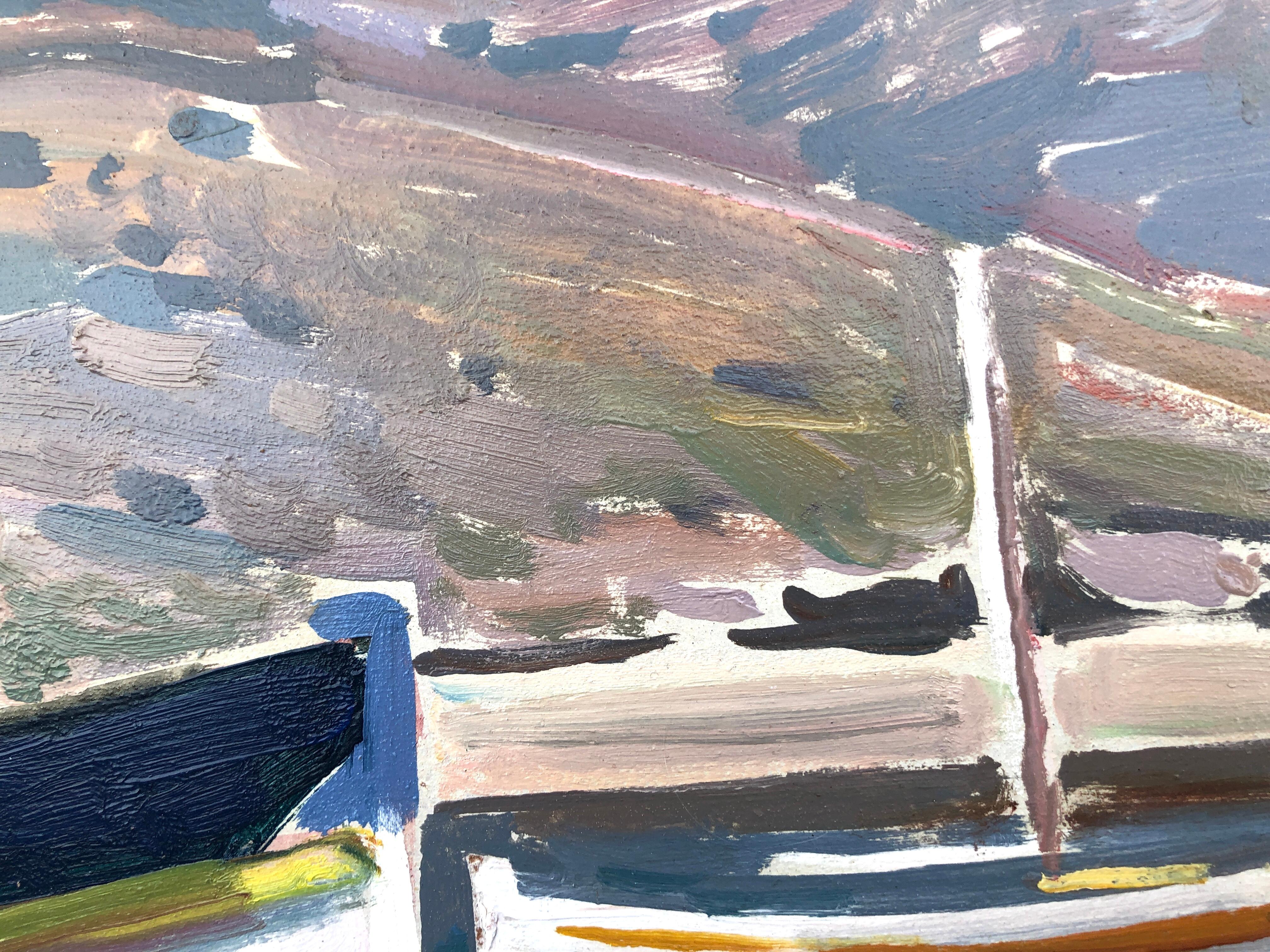 Port de la Selva España Costa Brava paisaje marino mediterráneo pintura al óleo sobre tabla en venta 1